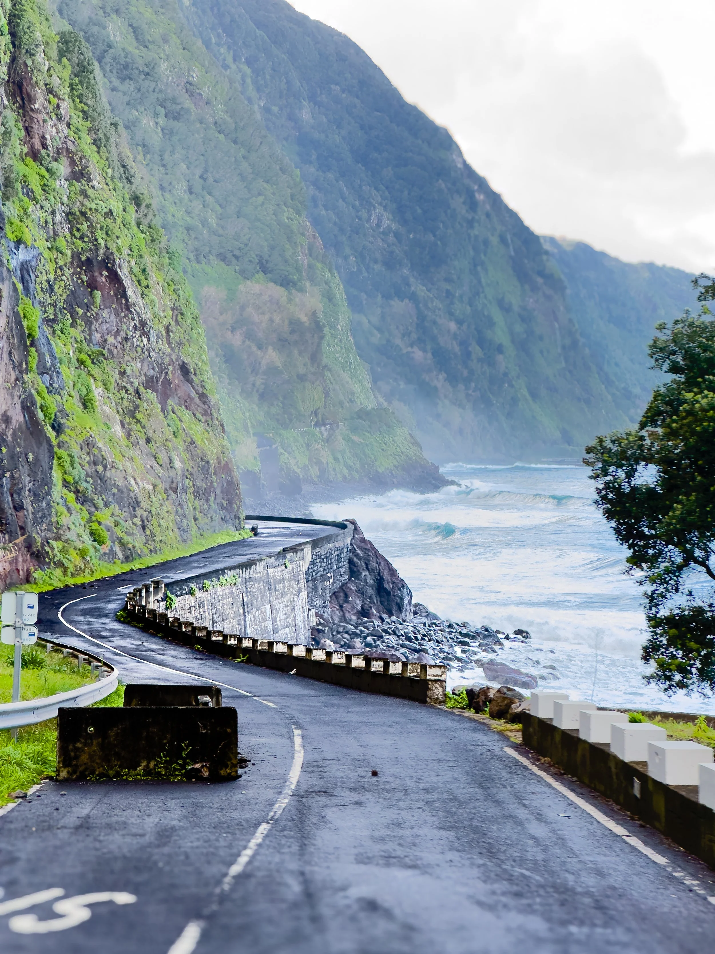 A film and photo location in Portugal from walnut films, A narrow, winding coastal road along a rocky shoreline with a steep, forested mountain on the left and the ocean on the right. A large block blocks part of the road.