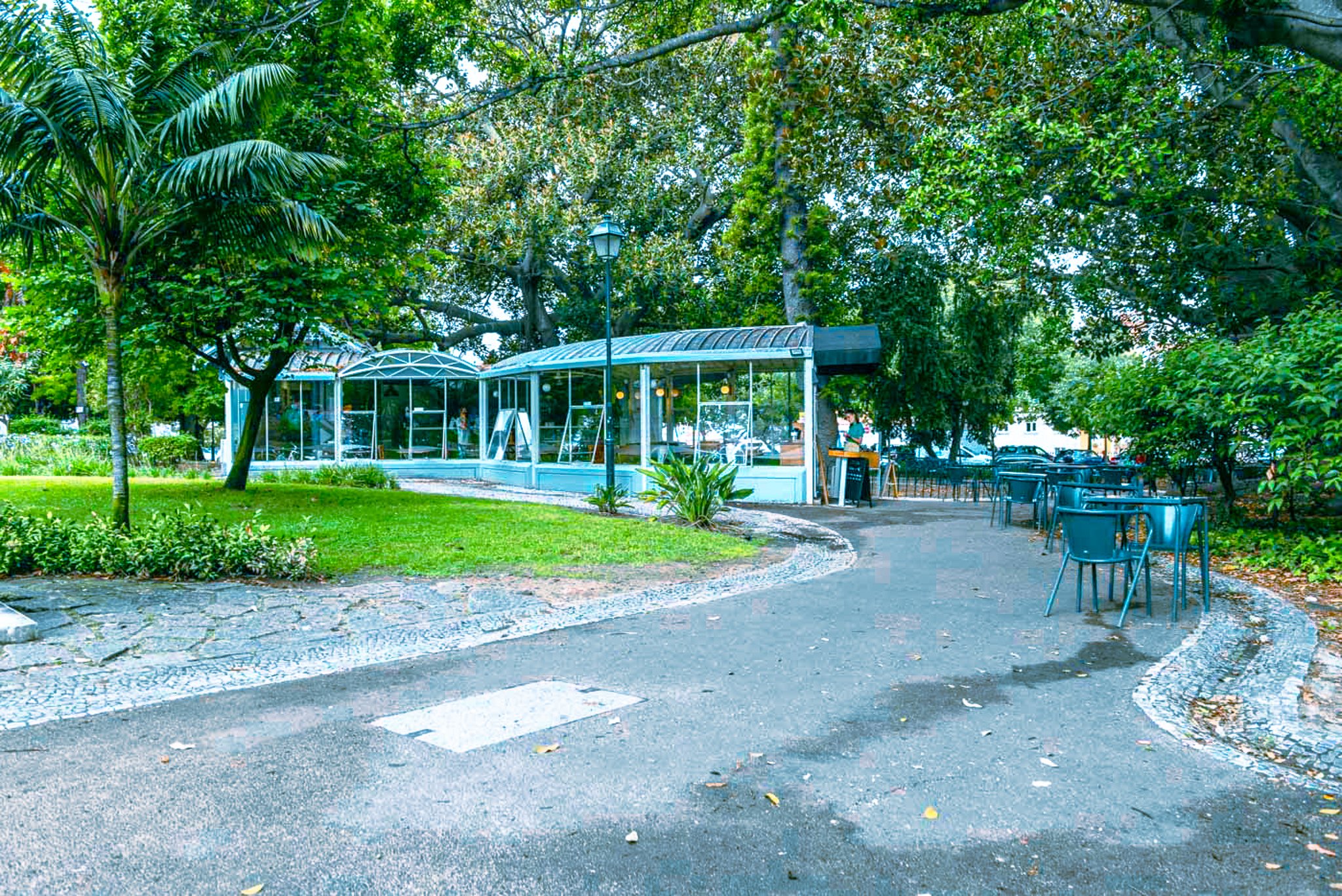 A film and photo location in Portugal from walnut films, An outdoor cafe in a park with green trees, a glass building, tables, and chairs on a paved walkway.