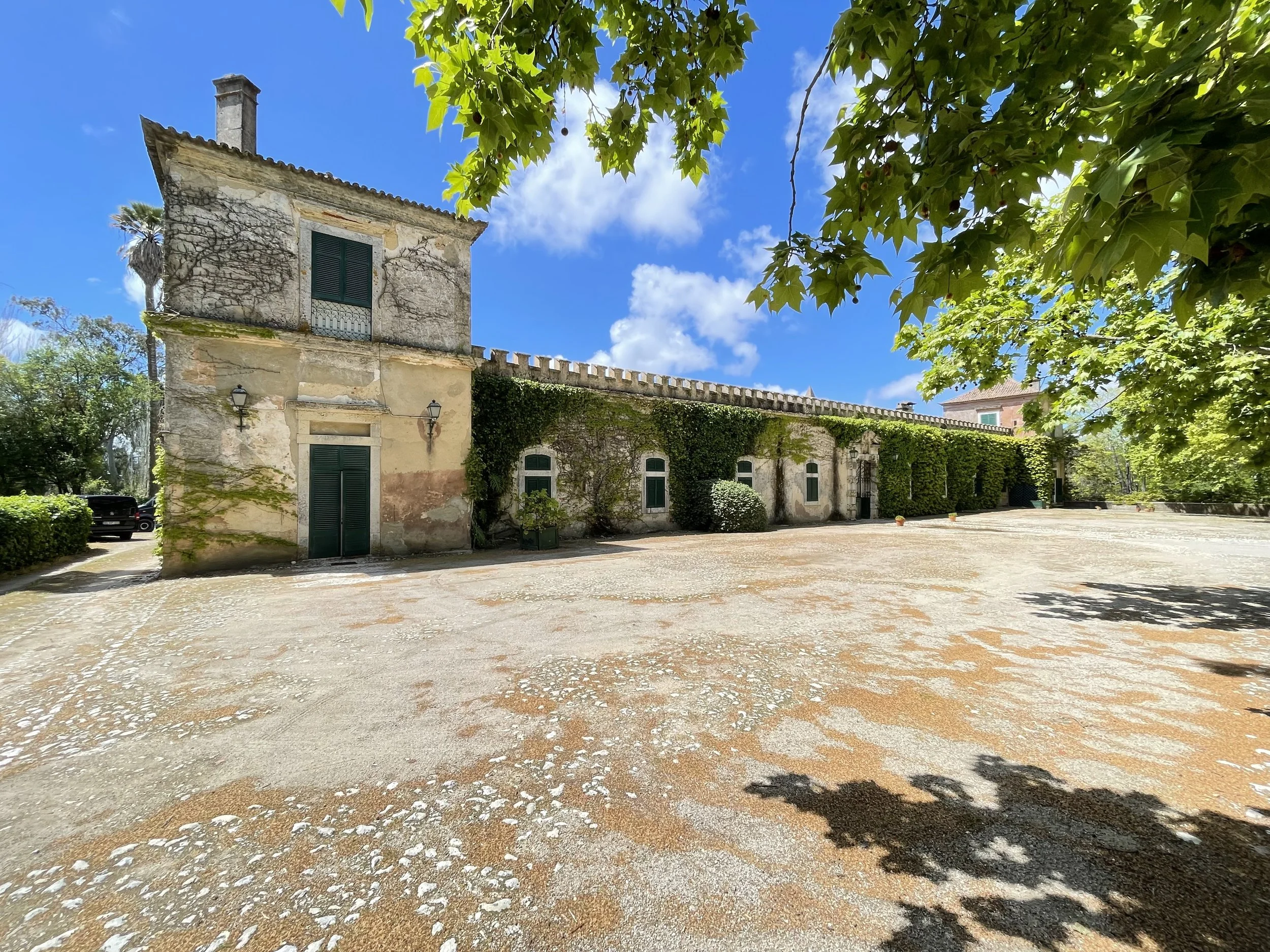 A film and photo location in Portugal from walnut films, An old building with climbing vines, surrounded by greenery, under a bright blue sky with scattered clouds.