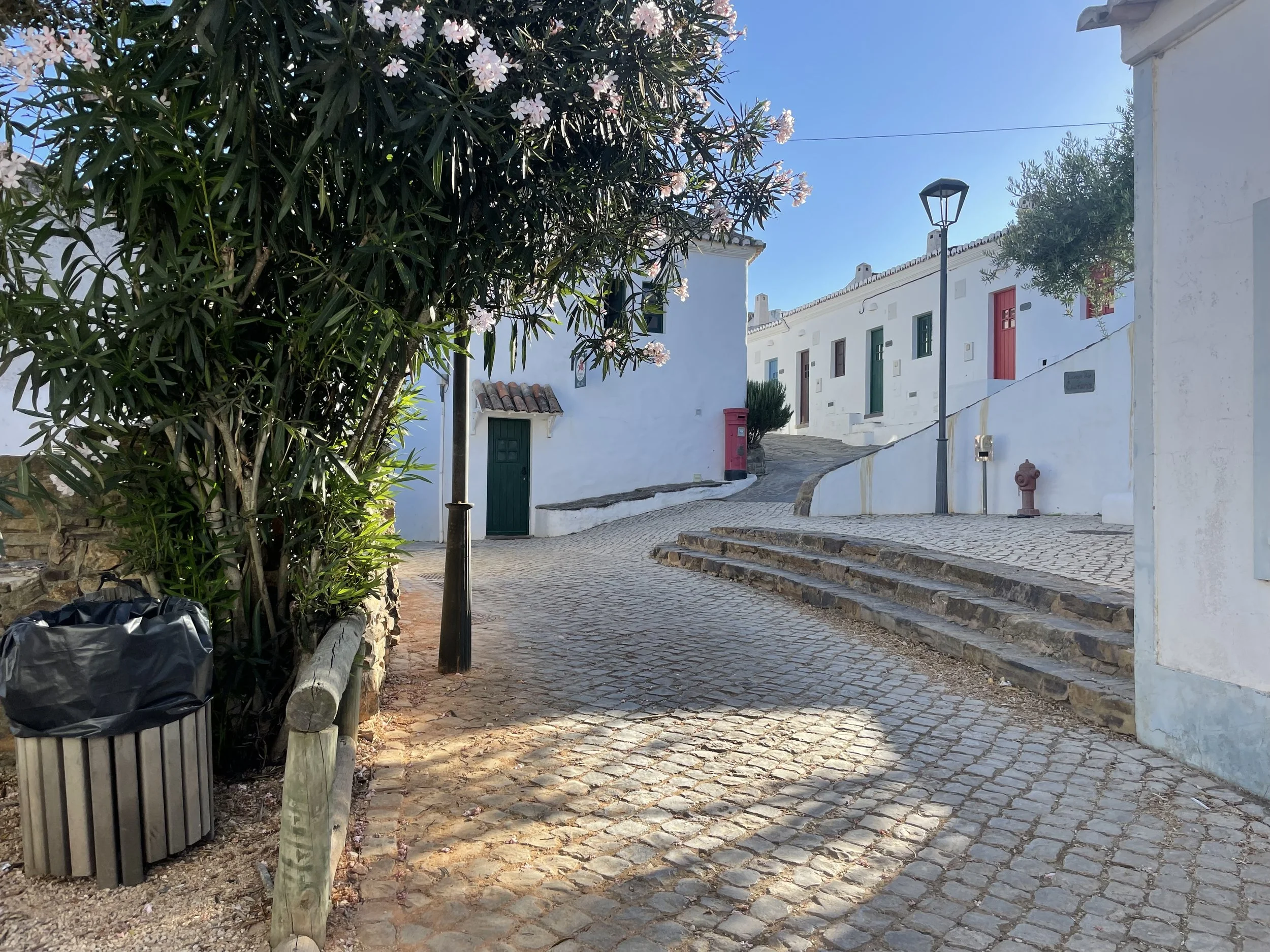 A film and photo location in Portugal from walnut films, A cobblestone street in a small town with white buildings with colorful doors, a large leafy tree with pink flowers, and street lamps.
