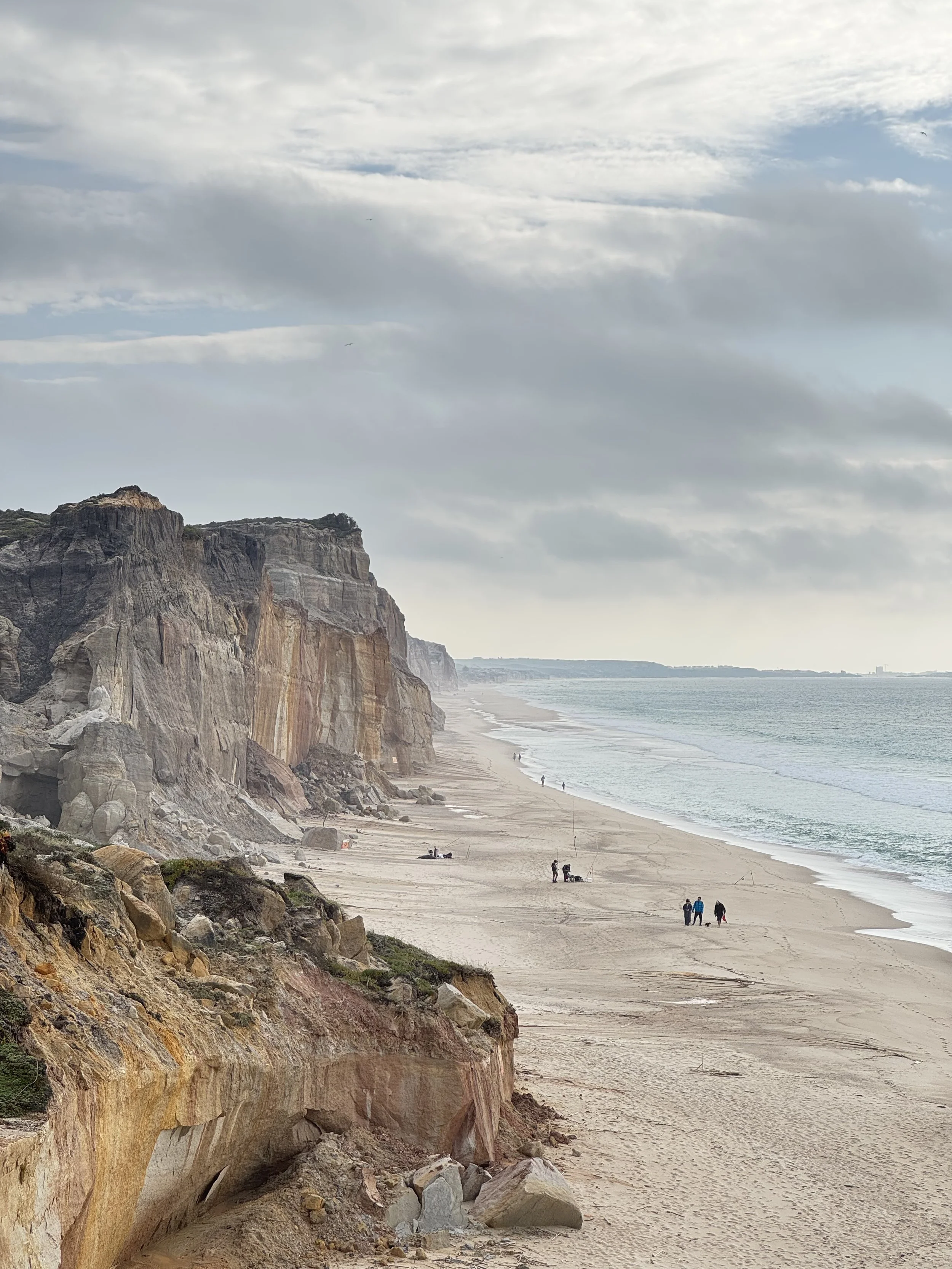 A film and photo location in Portugal, Cliffs overlooking a sandy beach with a few people fishing and walking, waves in the ocean, cloudy sky.