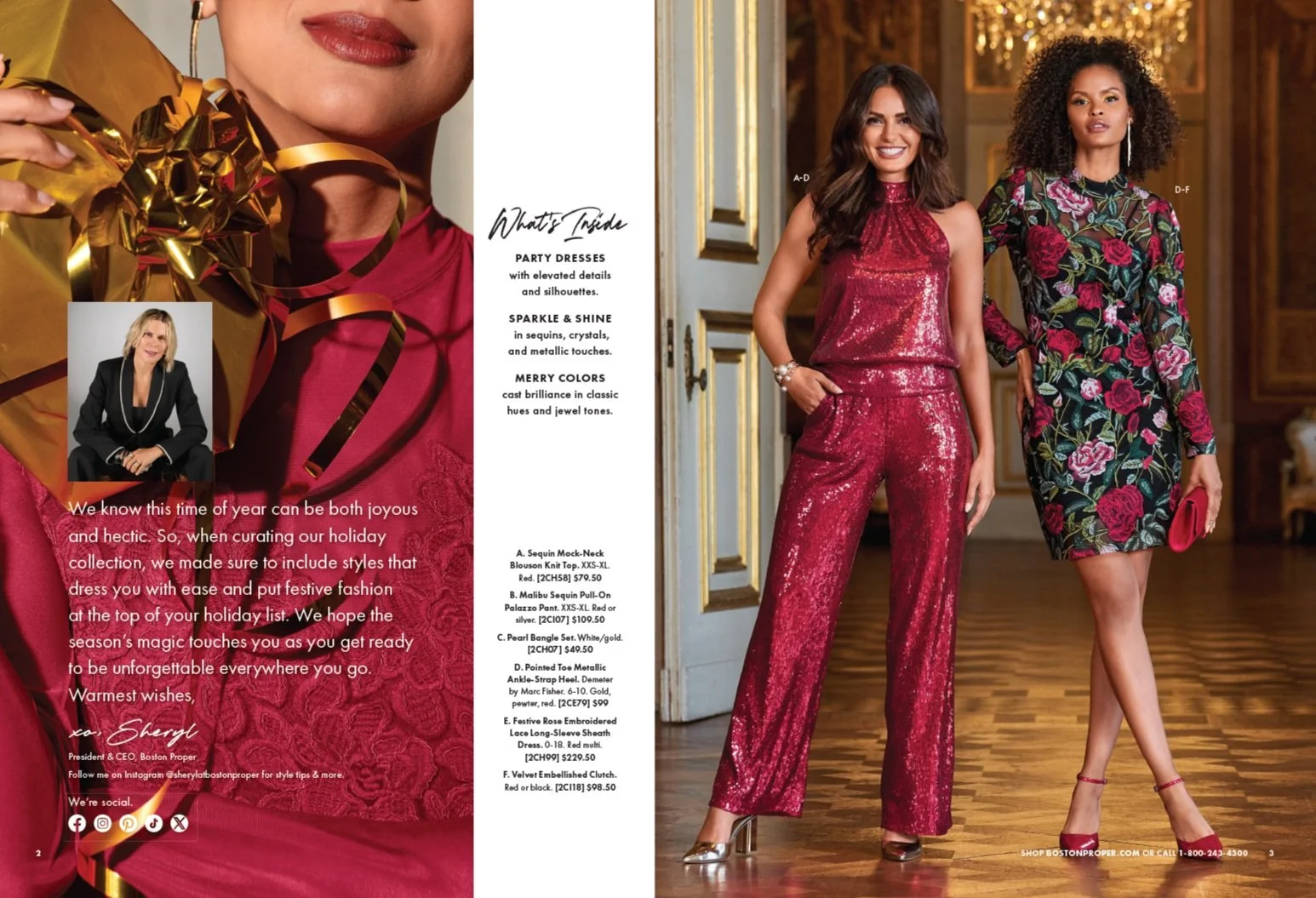 Image of two women standing in an elegant, ornate room during the holiday season. One woman wears a shiny red sequin jumpsuit, and the other wears a black dress with a vibrant floral pattern, both holding accessories and posing confidently.