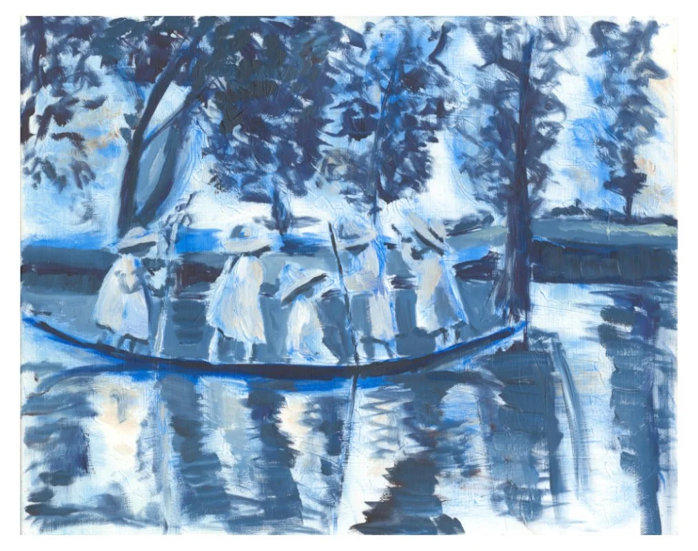 Impressionistic painting in shades of deep blue of 5 girls wearing sunhats punting on a river with trees behind them also reflected in the water