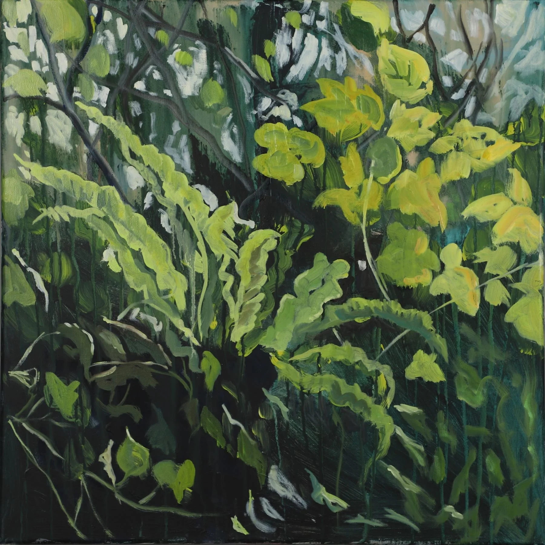 Painting of hart's tongue fern and other foliage in shades of green from deep shade in bottom left through to vibrant bright greens and dappled light at the top