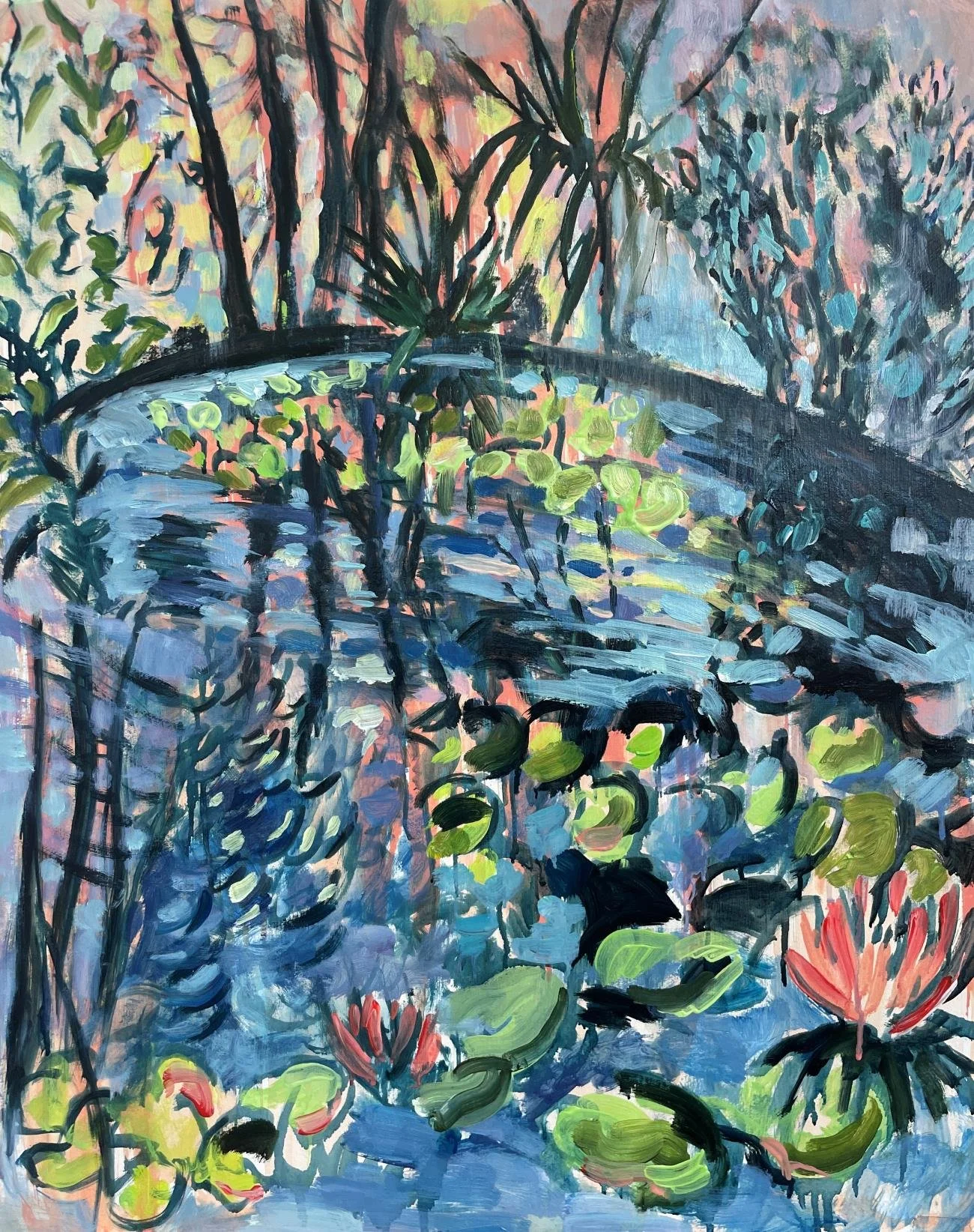 Impressionistic painting of lily pads in a pool with surrounding foliage in shades of blue, green and pink