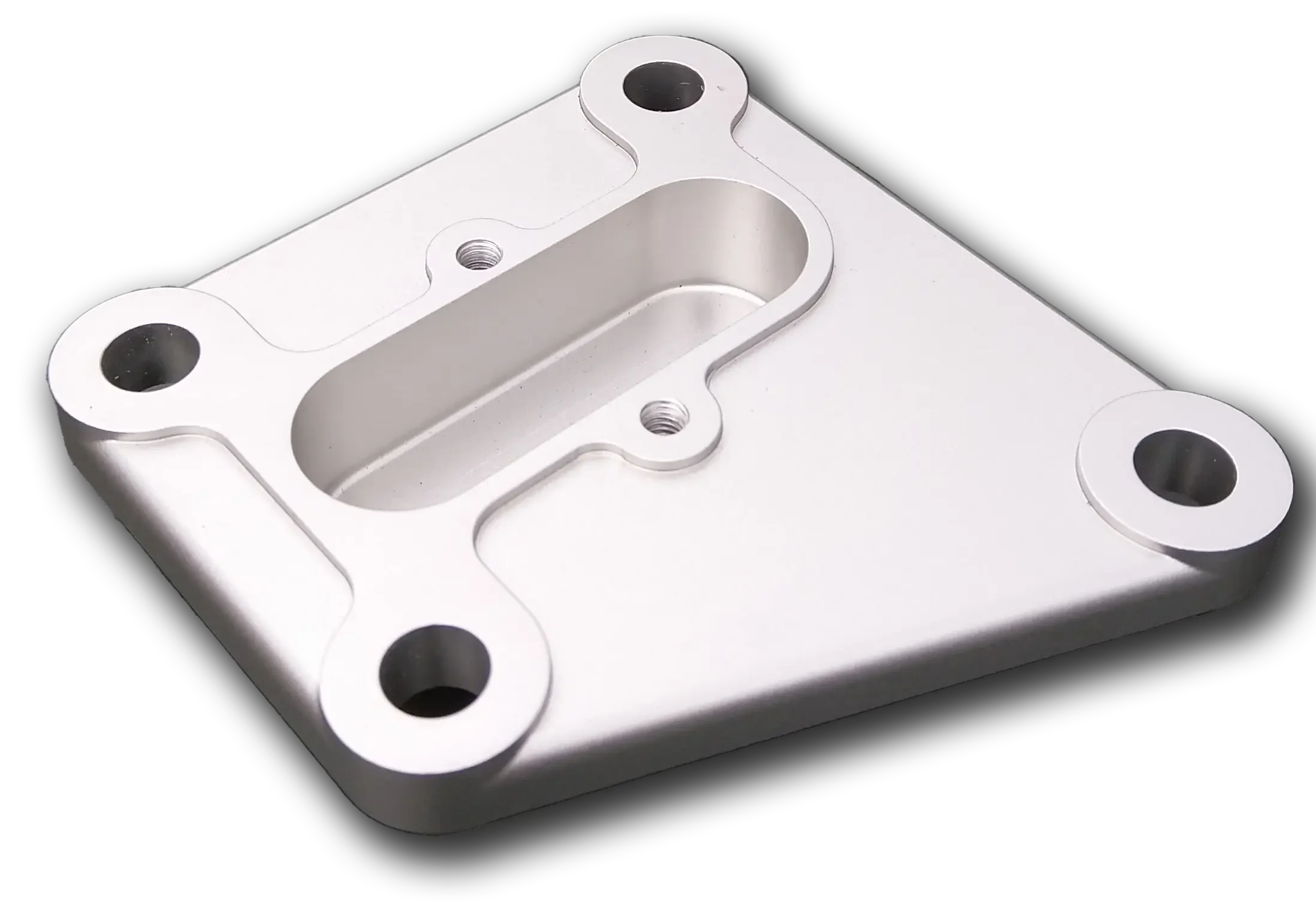 Close-up of a metallic rectangular component with rounded edges, featuring threaded holes and a hollowed section in the center.