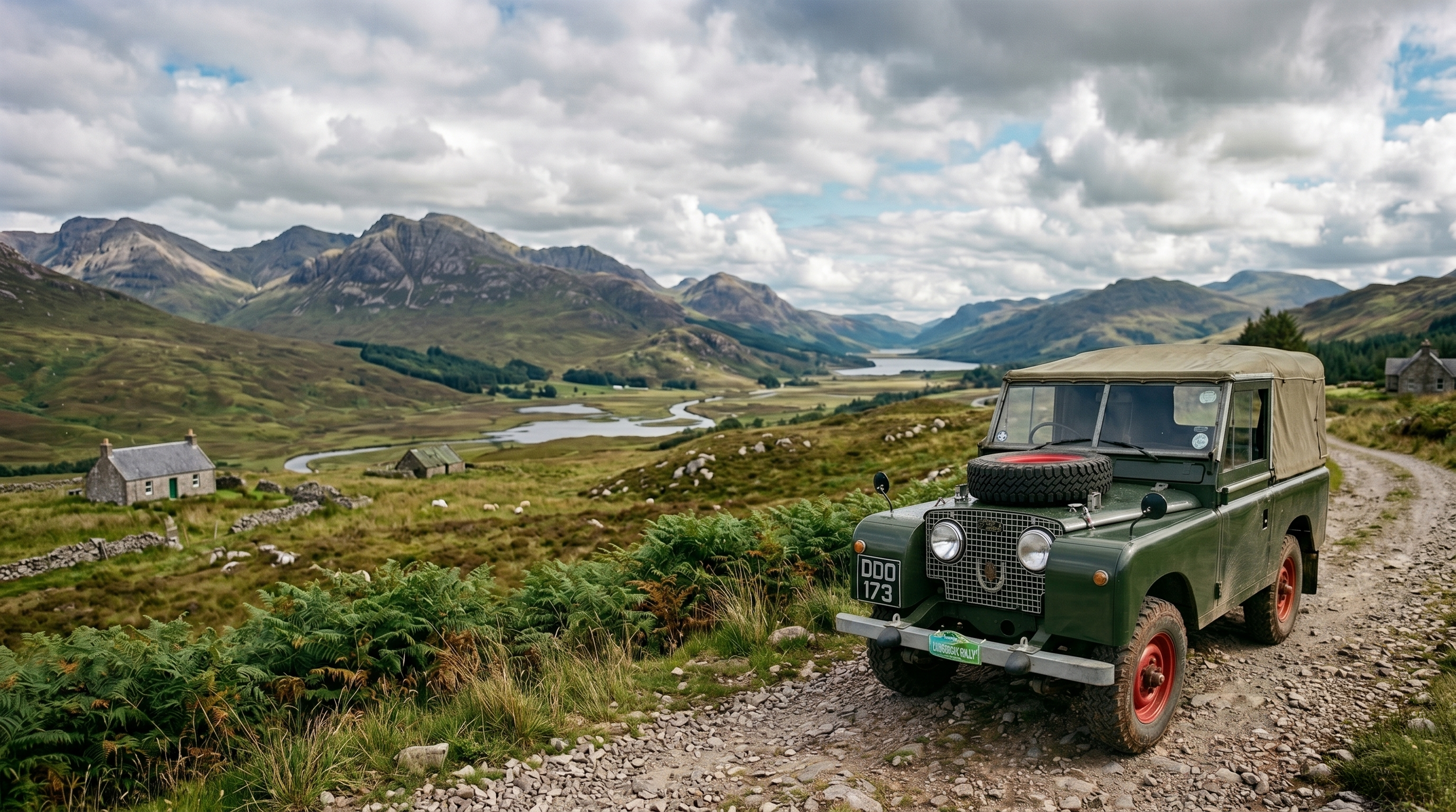 A vintage green Land Rover parked on a dirt road in a scenic rural landscape with rolling hills, lakes, small houses, and mountains in the background under a partly cloudy sky.