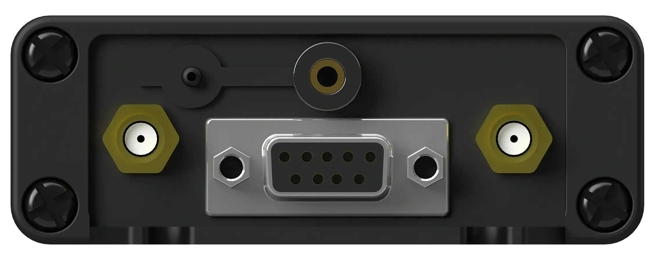 Close-up of a black electronic device's rear panel showing various ports and connectors, including a DB9 serial port, audio jack, and screw holes.