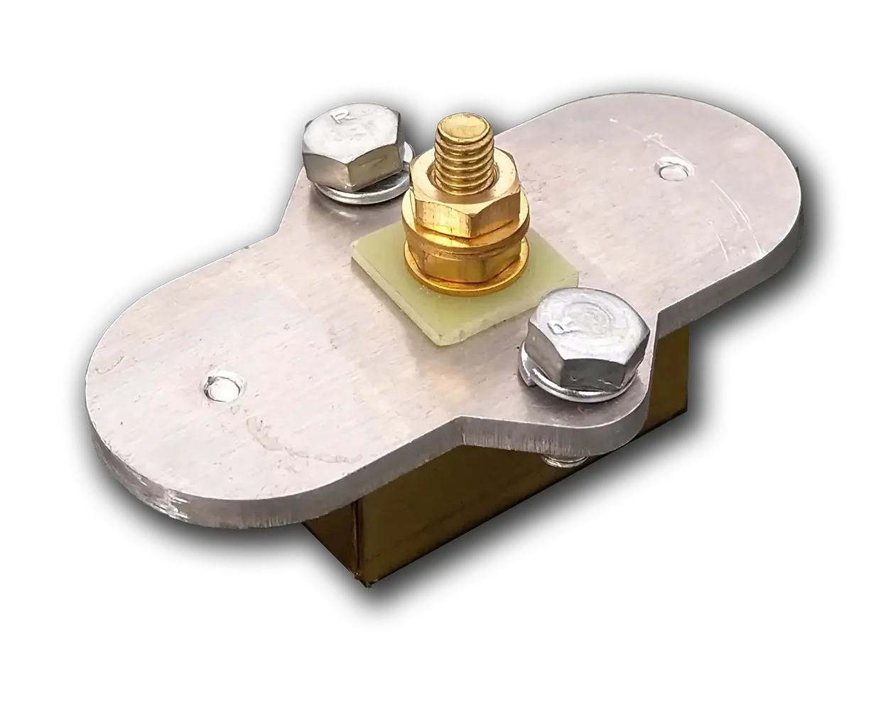 Close-up of a metallic electrical component with a brass bolt and two silver nuts mounted on a rectangular metal plate.
