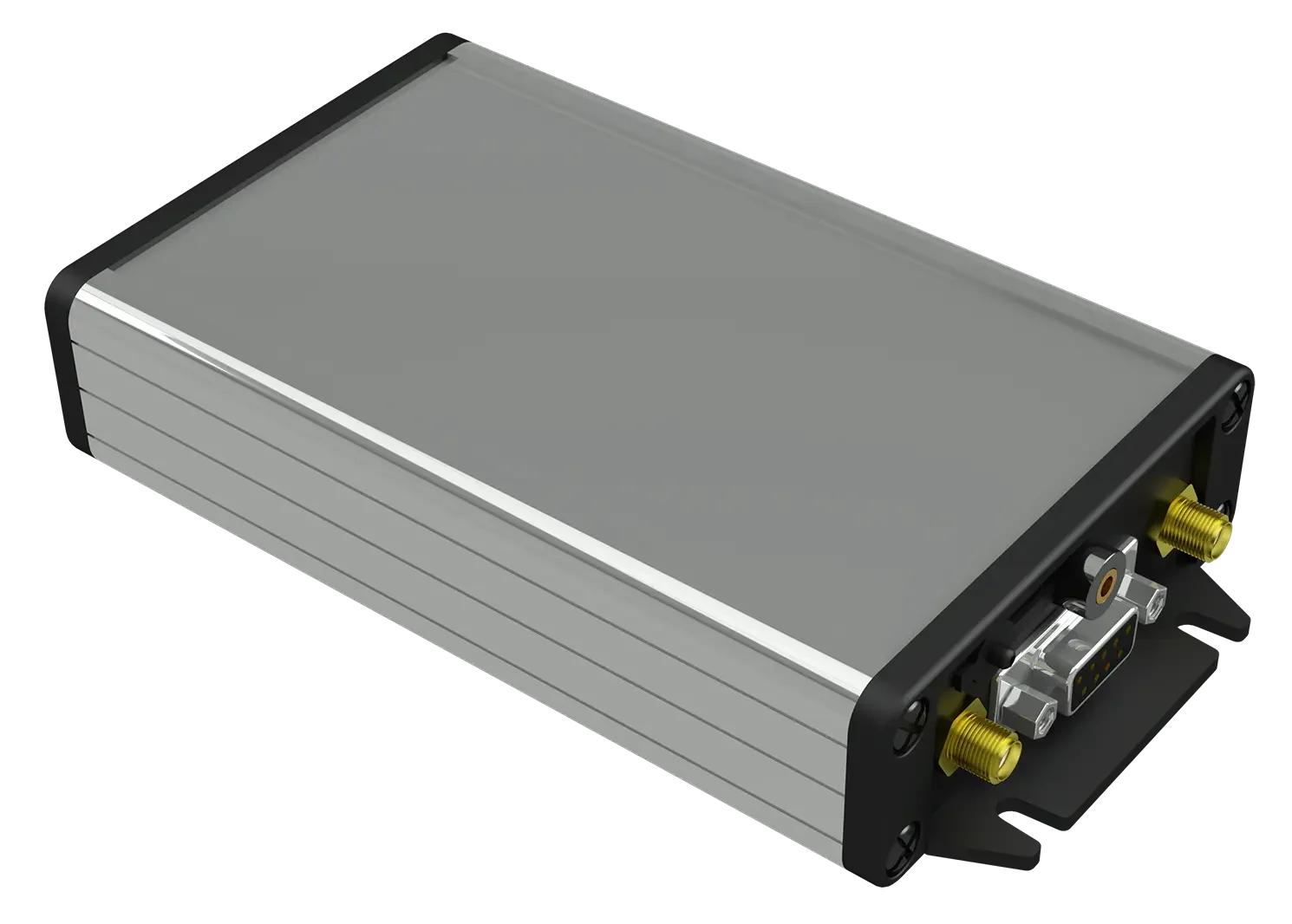 A rectangular electronic device with a gray top, black edges, and metal side panels, featuring yellow connectors and a port on one end.