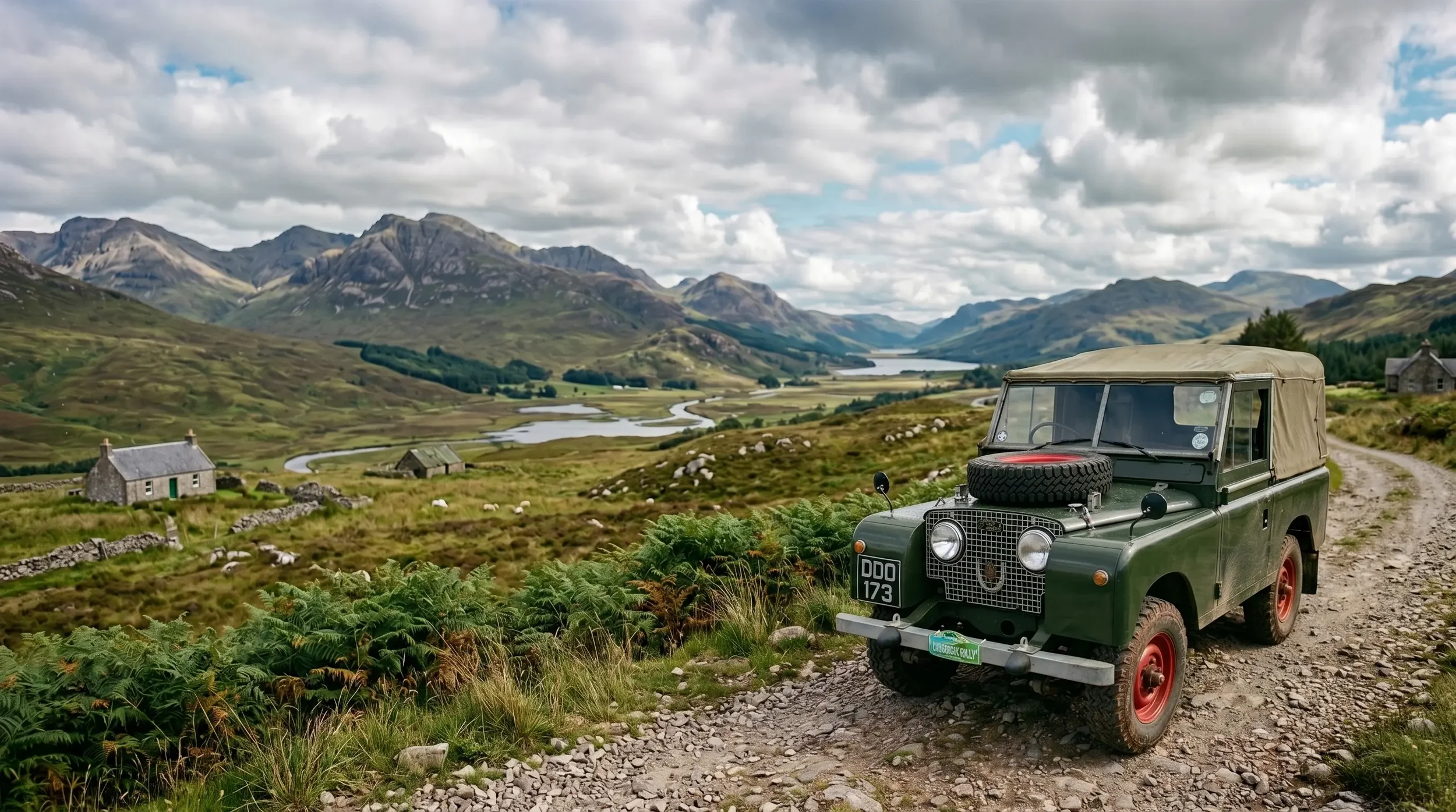A photo of a series 1 land rover in the countryside with mountains