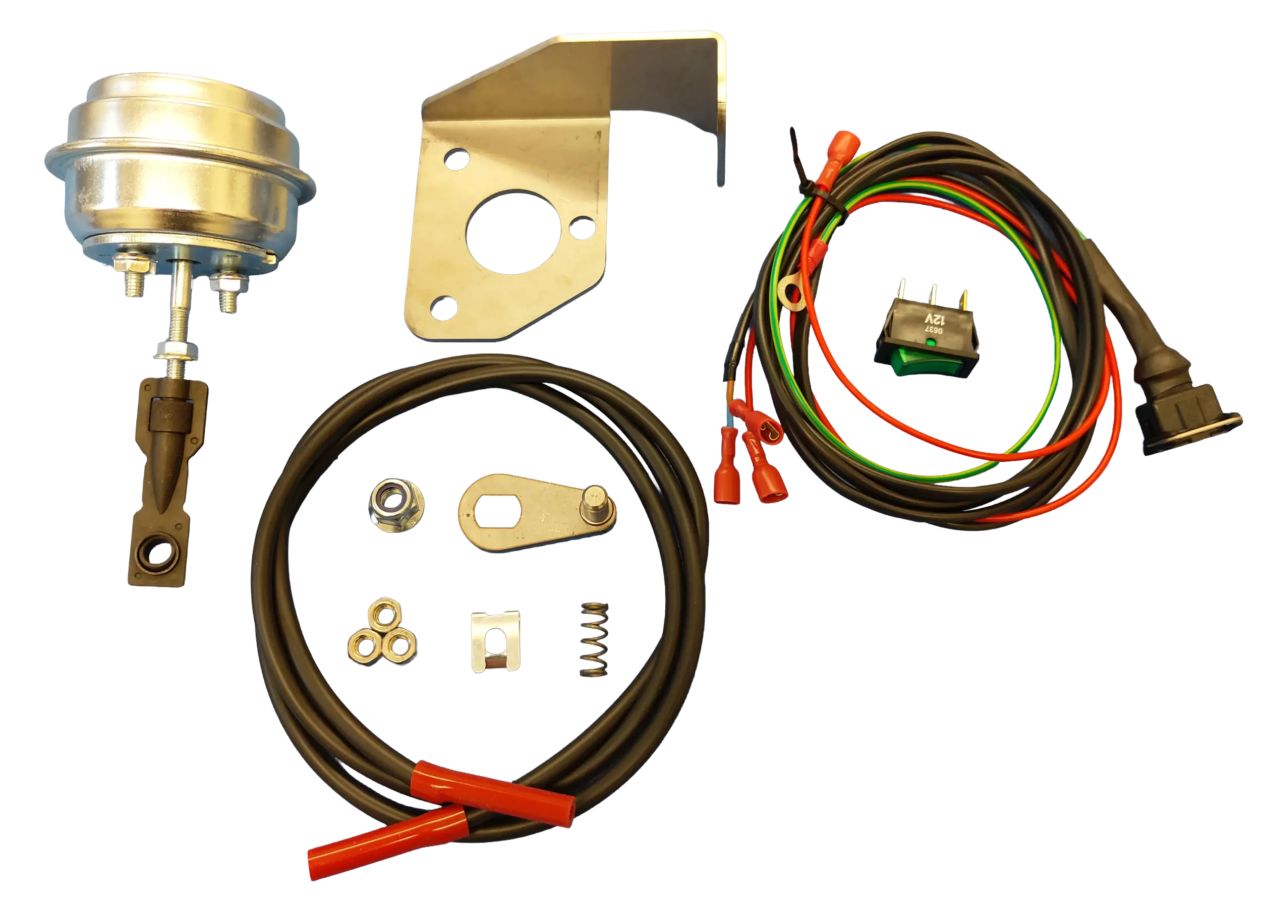 Automotive electronic parts and wiring harness, including a round metal component, brackets, and various colored wires with connectors.