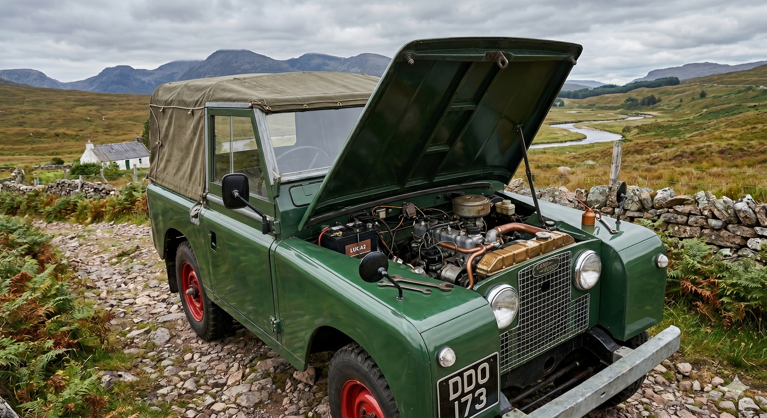A vintage green Land Rover with its hood open, revealing the engine, parked on a rocky countryside path with rolling hills, a river, and mountains in the background.