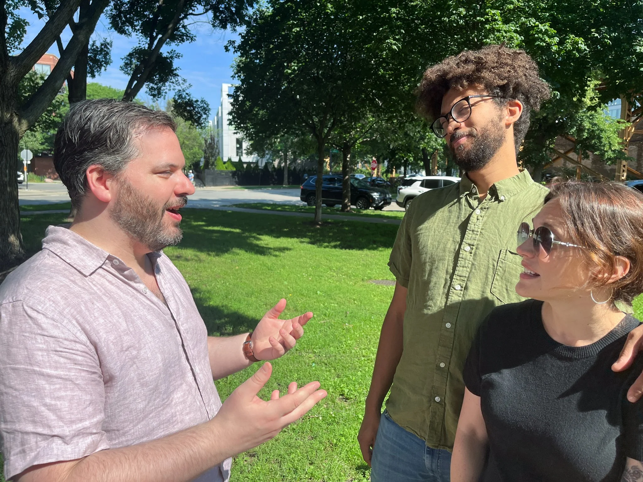 Patrick Gilsenan for 32nd Ward talking with neighbors in a park.