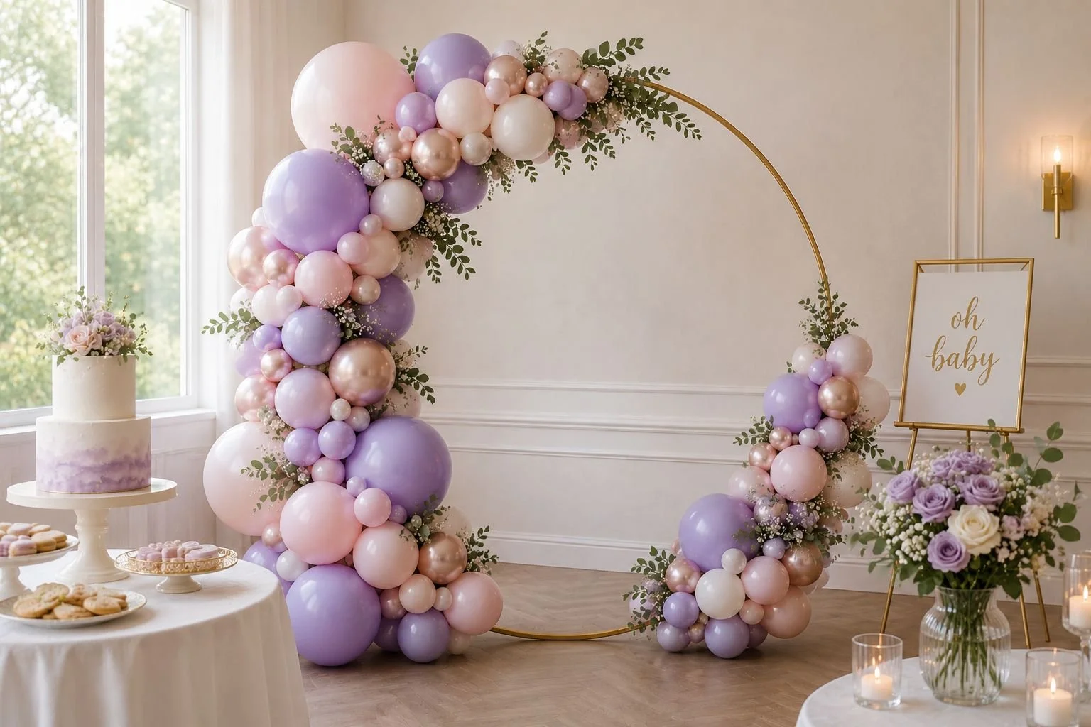 Decorative balloon arch with pink, purple, and pearl-colored balloons, greenery accents, and a pastel-colored cake with flowers on a table, at a baby shower celebration.