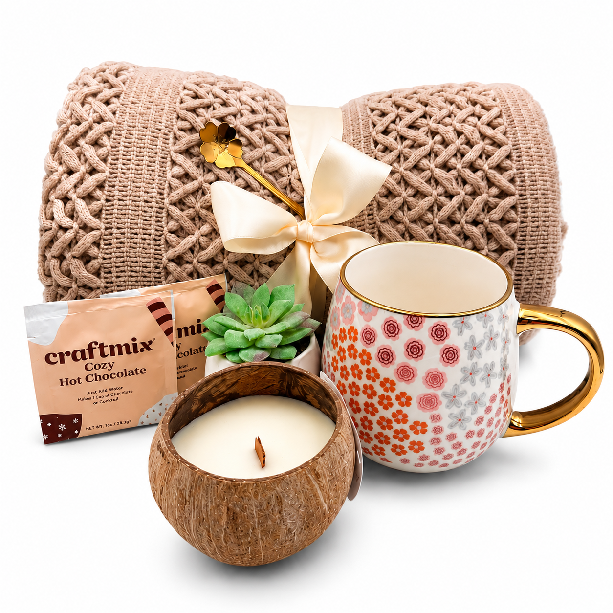 Cozy Comfort gift box with a knit blanket, candle, floral mug, and hot chocolate