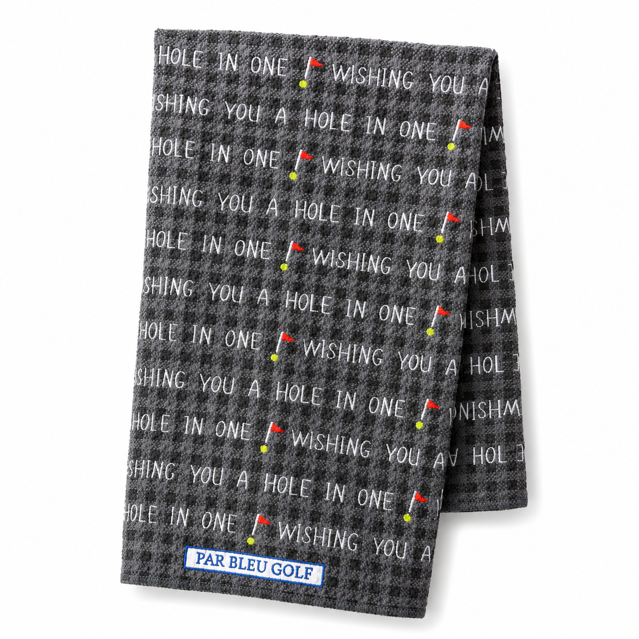 Golf pattern towel with Wishing You a Hole in One phrase included in The Luxe 19th Hole Gift Box