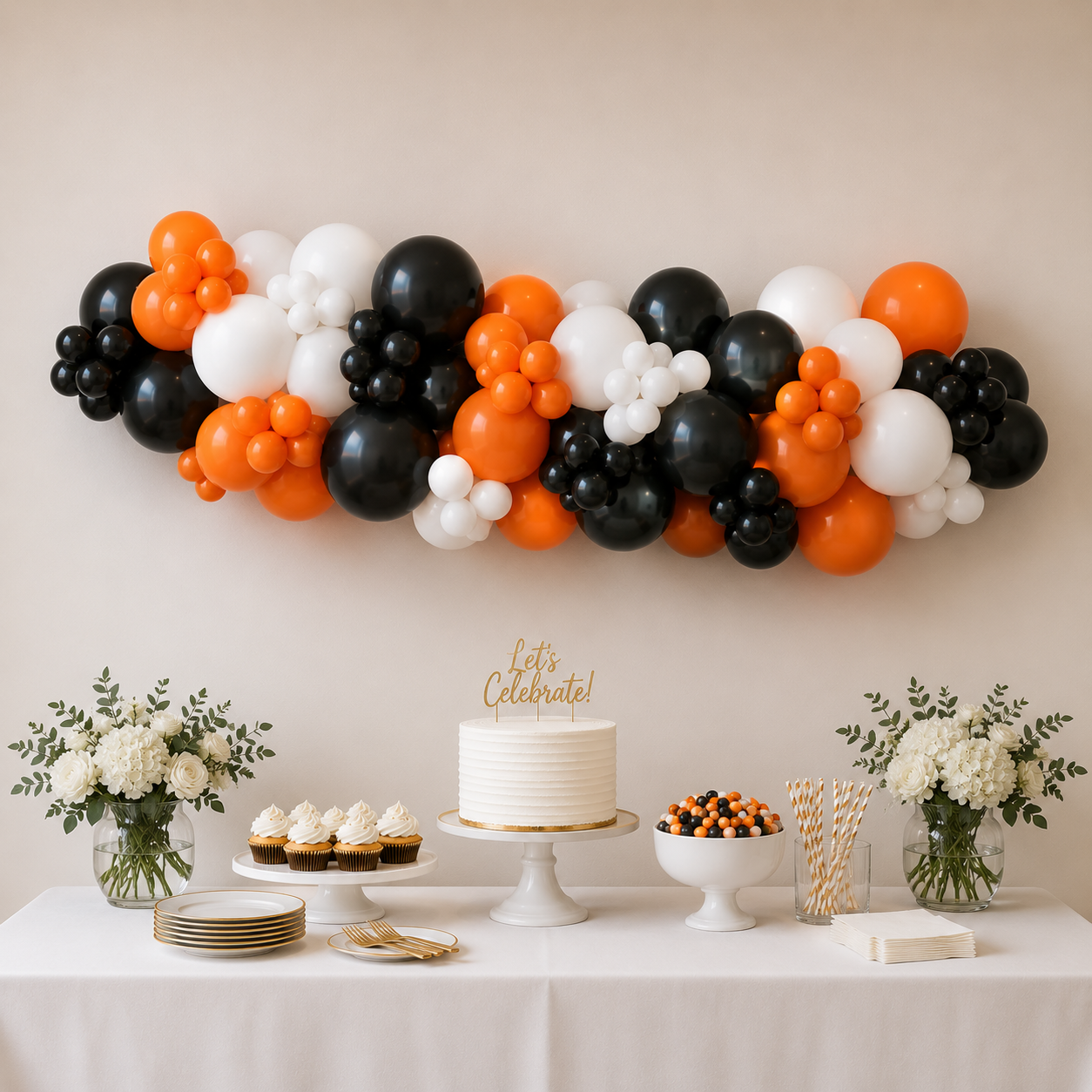 Decorative Halloween-themed balloon arrangement in black, orange, and white on a wall. A celebration table below with white flowers in glass vases, cupcakes with vanilla frosting, a white frosted cake with a "Let's Celebrate!" topper, a bowl of orang