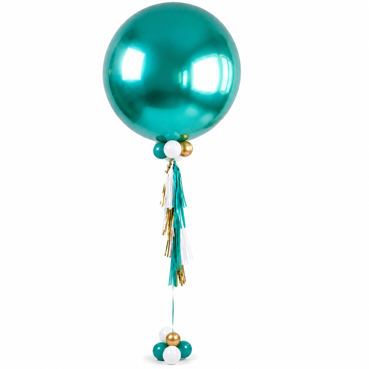 Large metallic teal balloon with clusters of smaller teal, white, and gold balloons attached at the base, with teal, white, and gold tassels hanging from the cluster.