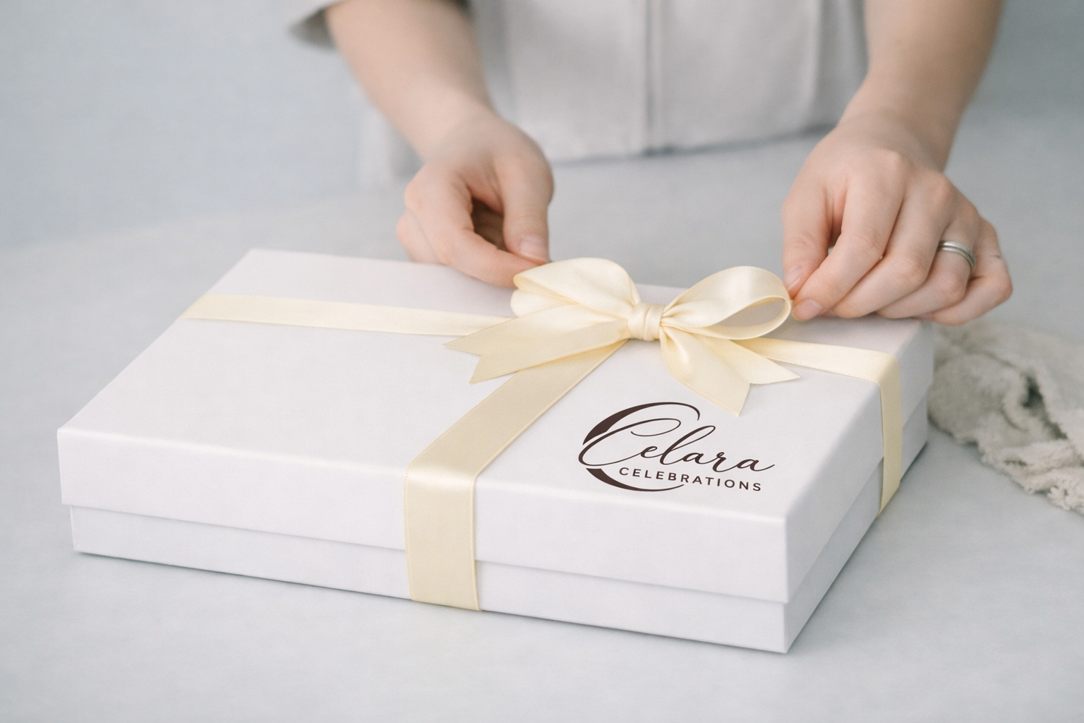Wrapping a gift box in studio