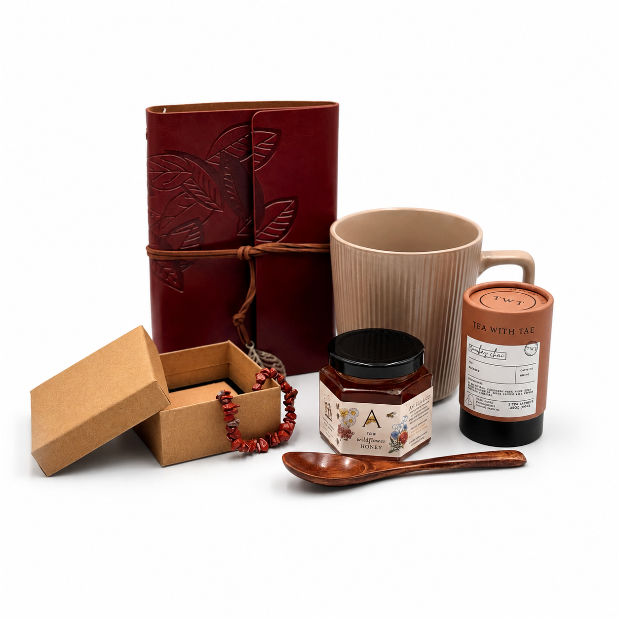 Gathering Your Thoughts Gift Box - Retro Leather Journal with Tea Honey and Stone Bracelet