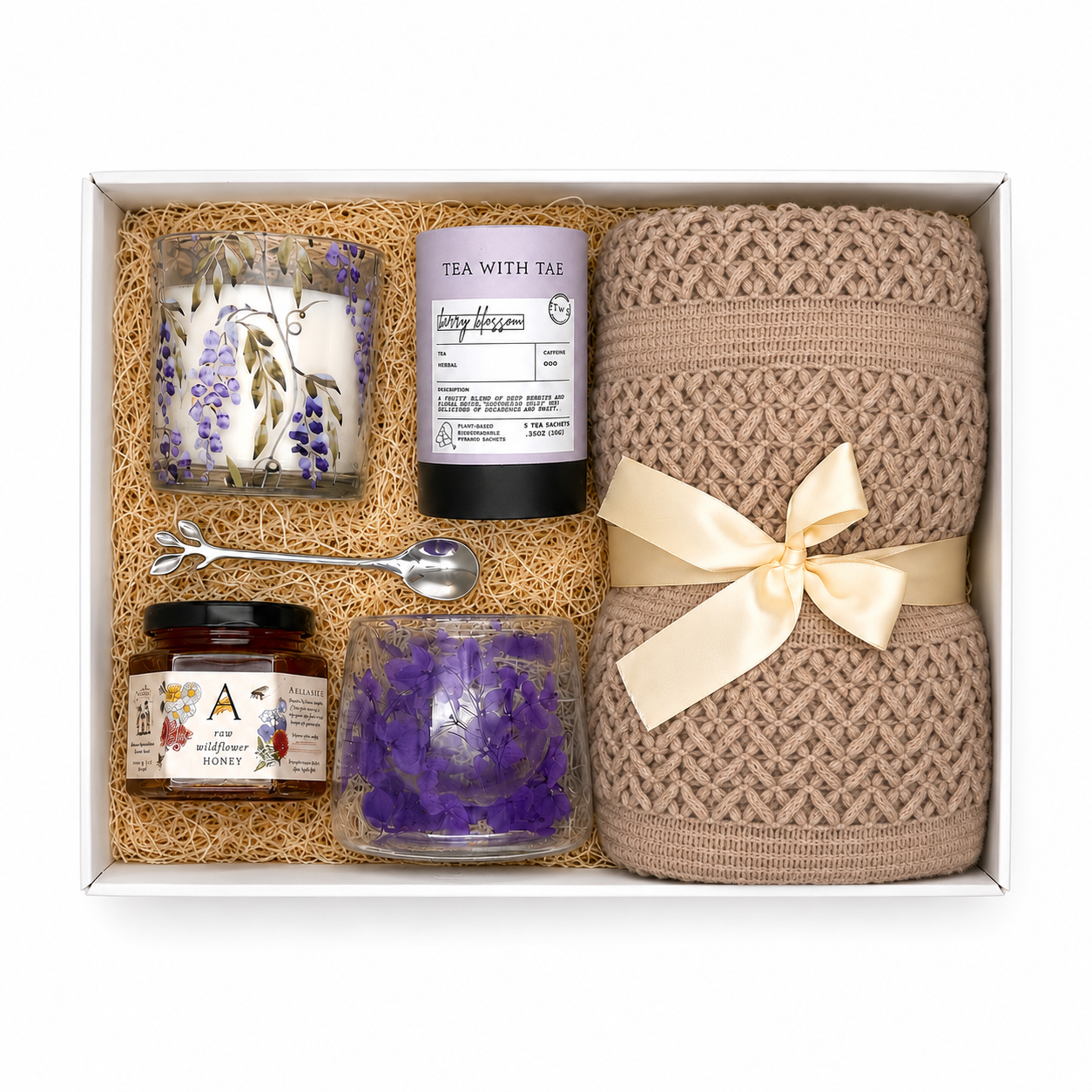 Soft cable knit throw, Tea with Tae, Annellabees honey, gold spoon, floral mug