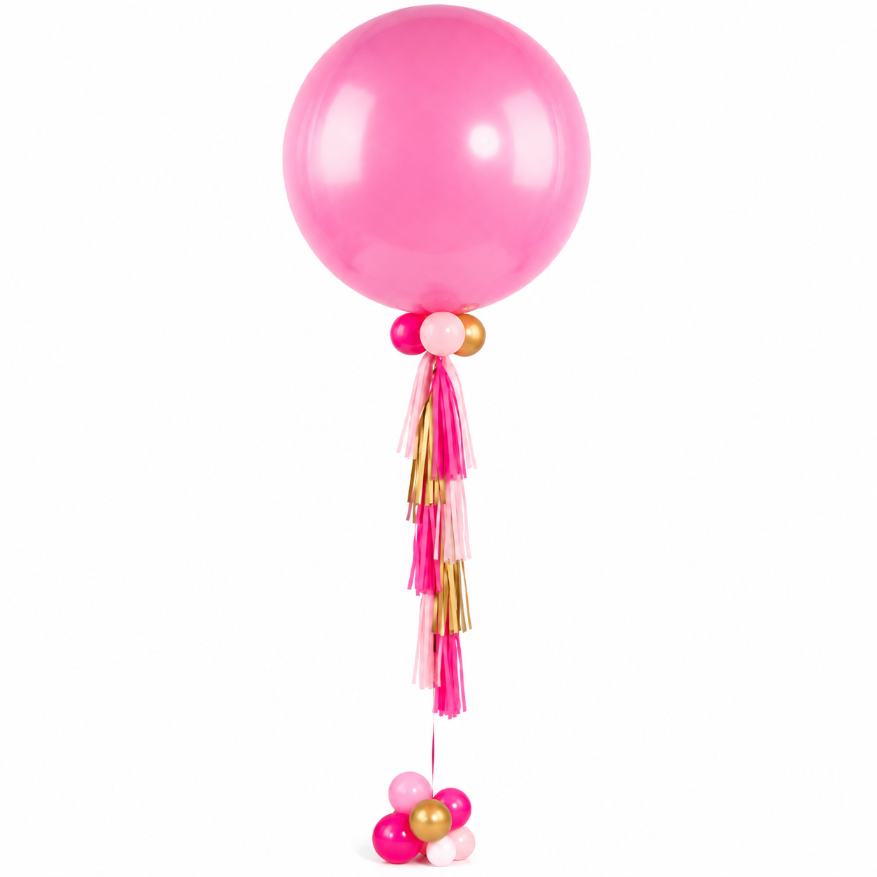 Pink helium balloon with tassels and smaller balloons at the base, golden and pink, for decoration or celebration.