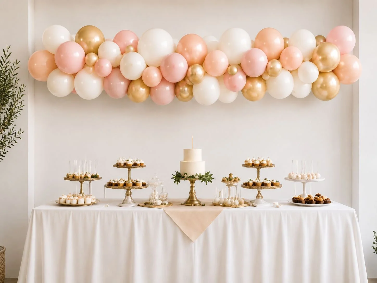 Elegant dessert table with white cake, cupcakes, and cake pops, decorated with green leaves, under a pastel pink, white, and gold balloon garland, set against a white wall.