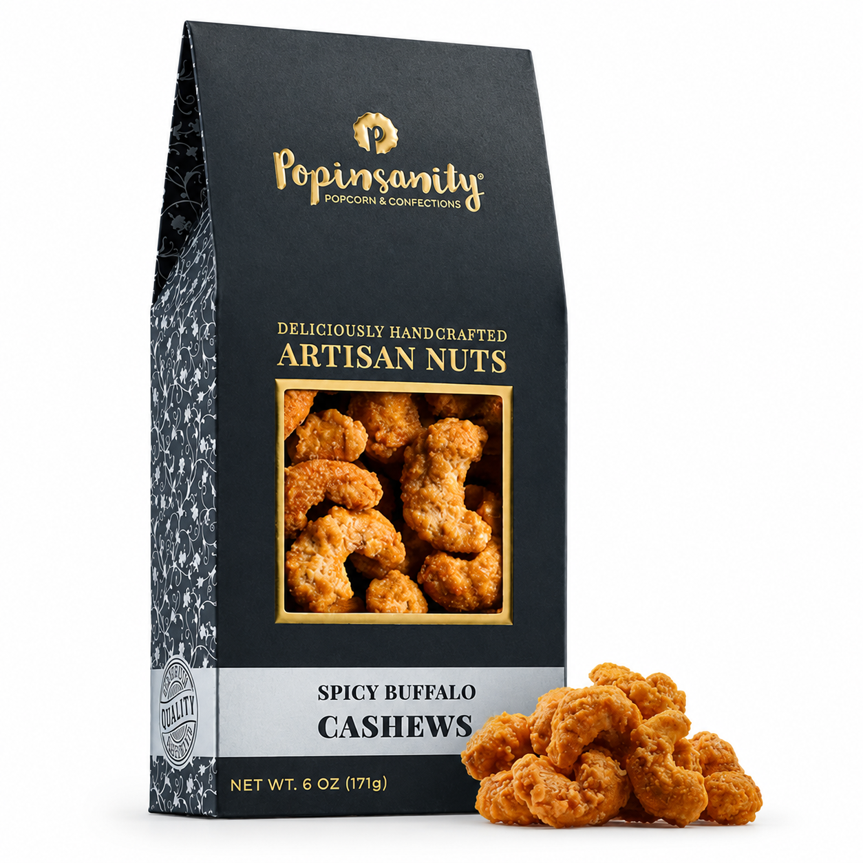 Popinsanity Gourmet Candied Spicy Buffalo Cashews bag included in The Mini Whiskey Lovers Gift Box