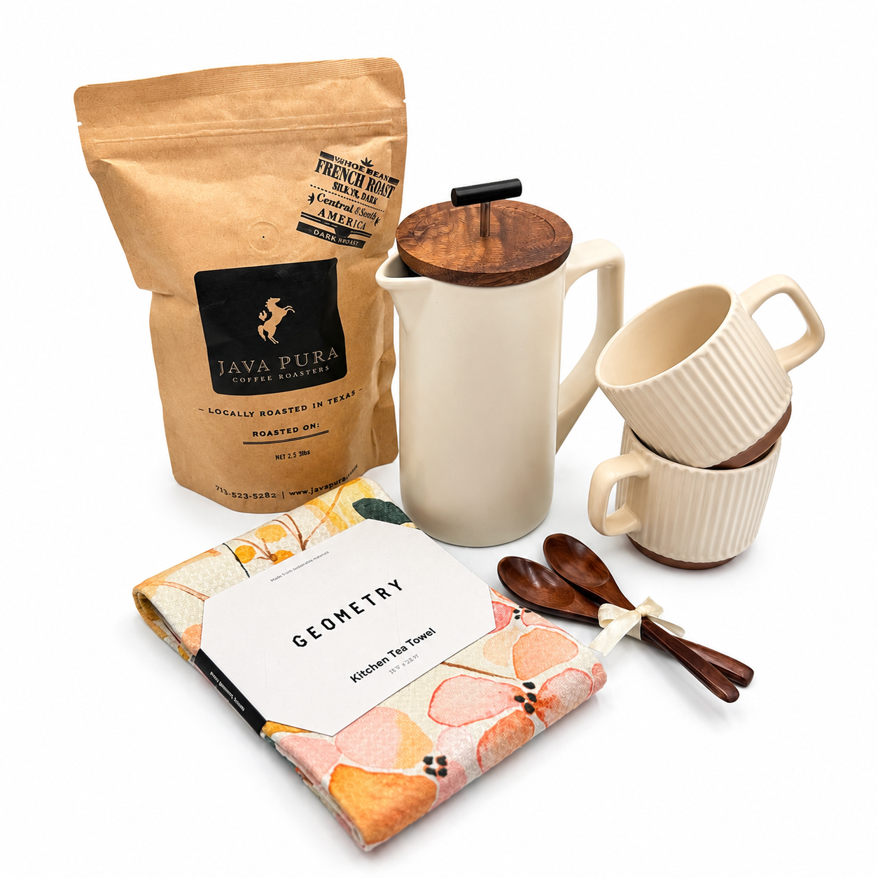 Luxe Coffee Lovers Gift Set - Corkcicle French Press with Java Pura Coffee and Ceramic Mugs