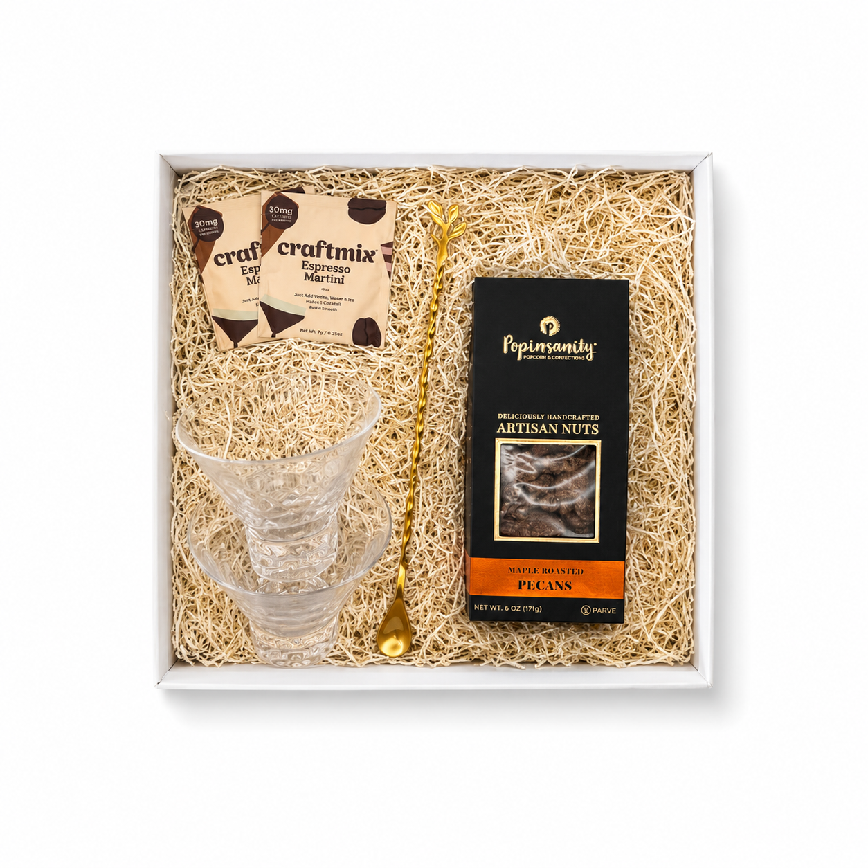 The Nightcap Petite espresso martini gift box for two with crystal martini glasses, espresso coffee, and cocktail bar tools