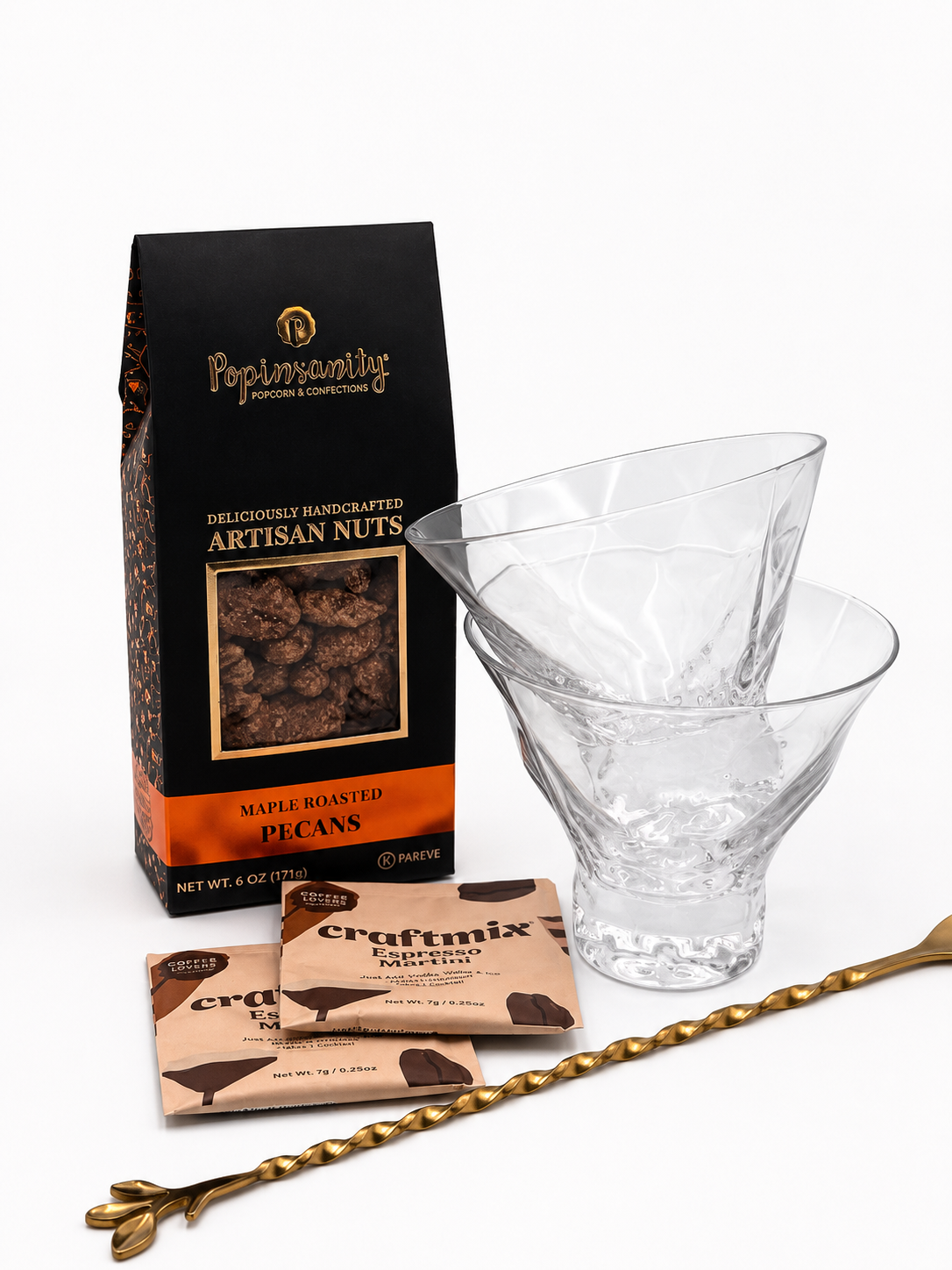 The Nightcap Petite espresso martini gift box for two with crystal martini glasses, espresso coffee, and cocktail bar tools