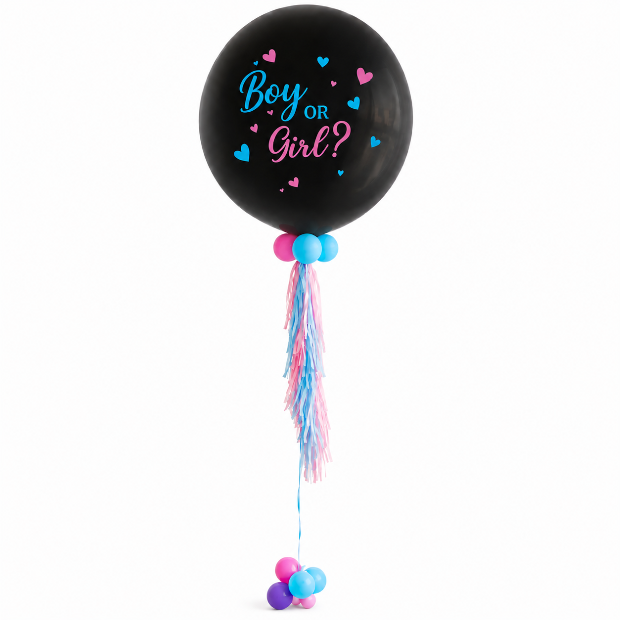 Balloon with the question "Boy or Girl?" and pink, blue, purple, and light blue accents.