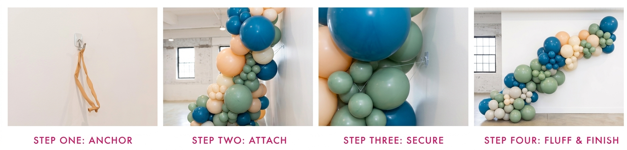 A step-by-step tutorial for creating a balloon garland. Step one shows an anchor with a fabric ribbon, step two shows attaching balloons to the ribbon, step three shows securing the balloons with string, and step four shows the finished balloon garland with a mix of green, blue, cream, and peach balloons arranged in a cascading design.