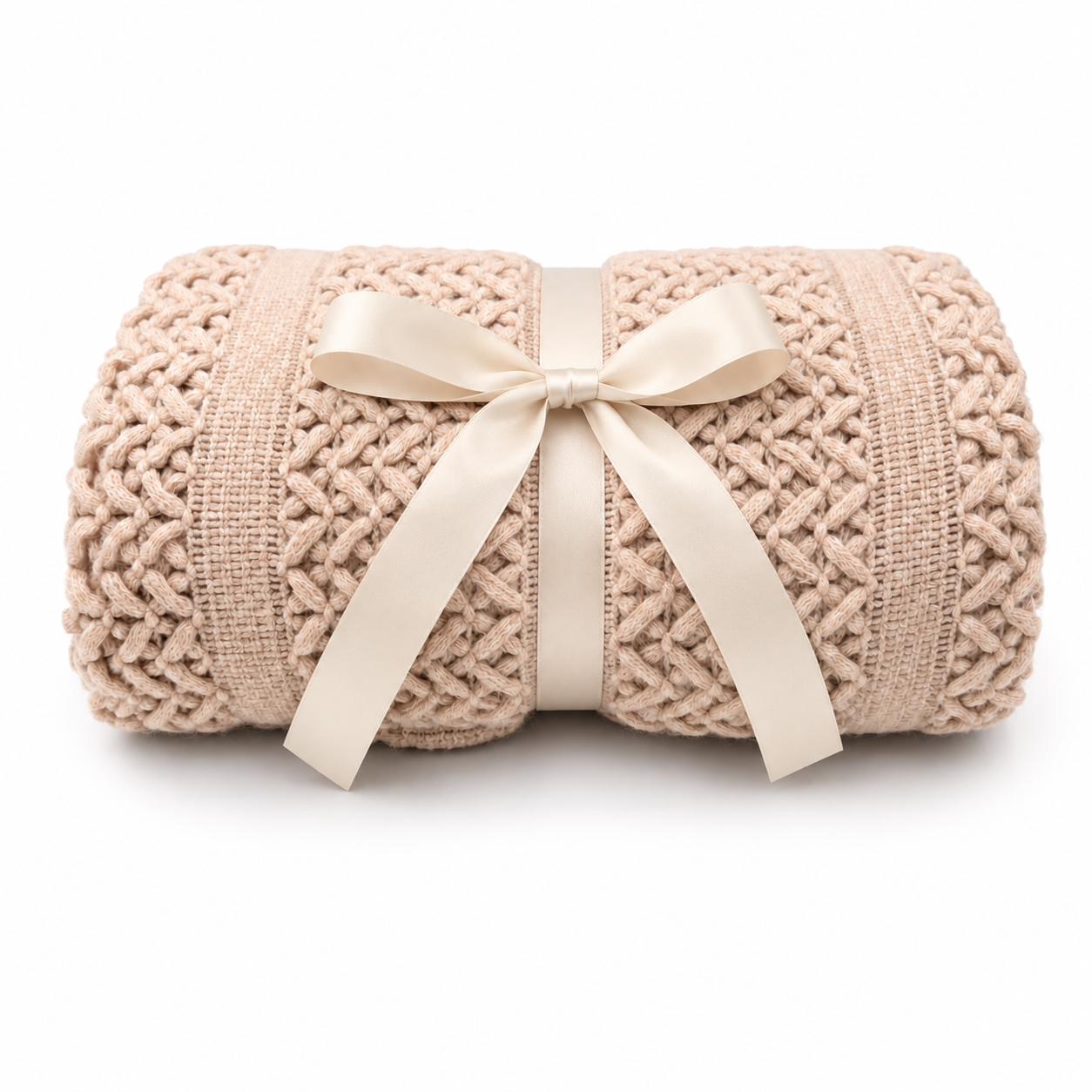 Soft cream knit throw blanket with bow ribbon from Cozy Hot Chocolate Delight Gift Box