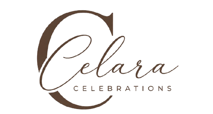 Celara Celebrations script logo with flourish, luxury gift box and event styling brand Houston TX