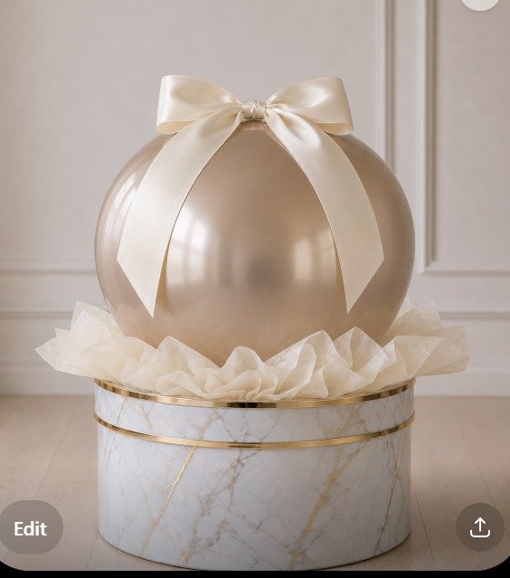 Decorative gift box with a large pearl-colored sphere with a satin bow on top, surrounded by tissue paper, and placed on a marble-patterned base.