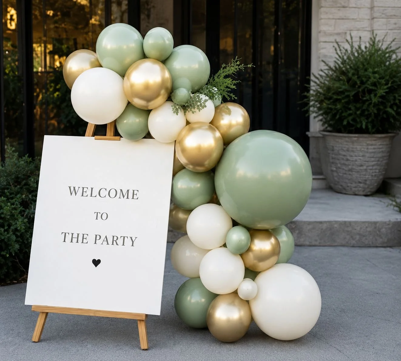 Decorative balloon arrangement with a welcome sign at the entrance of a party. The balloons are in shades of green, gold, and white, and the sign reads, "Welcome to the party" with a small heart below.