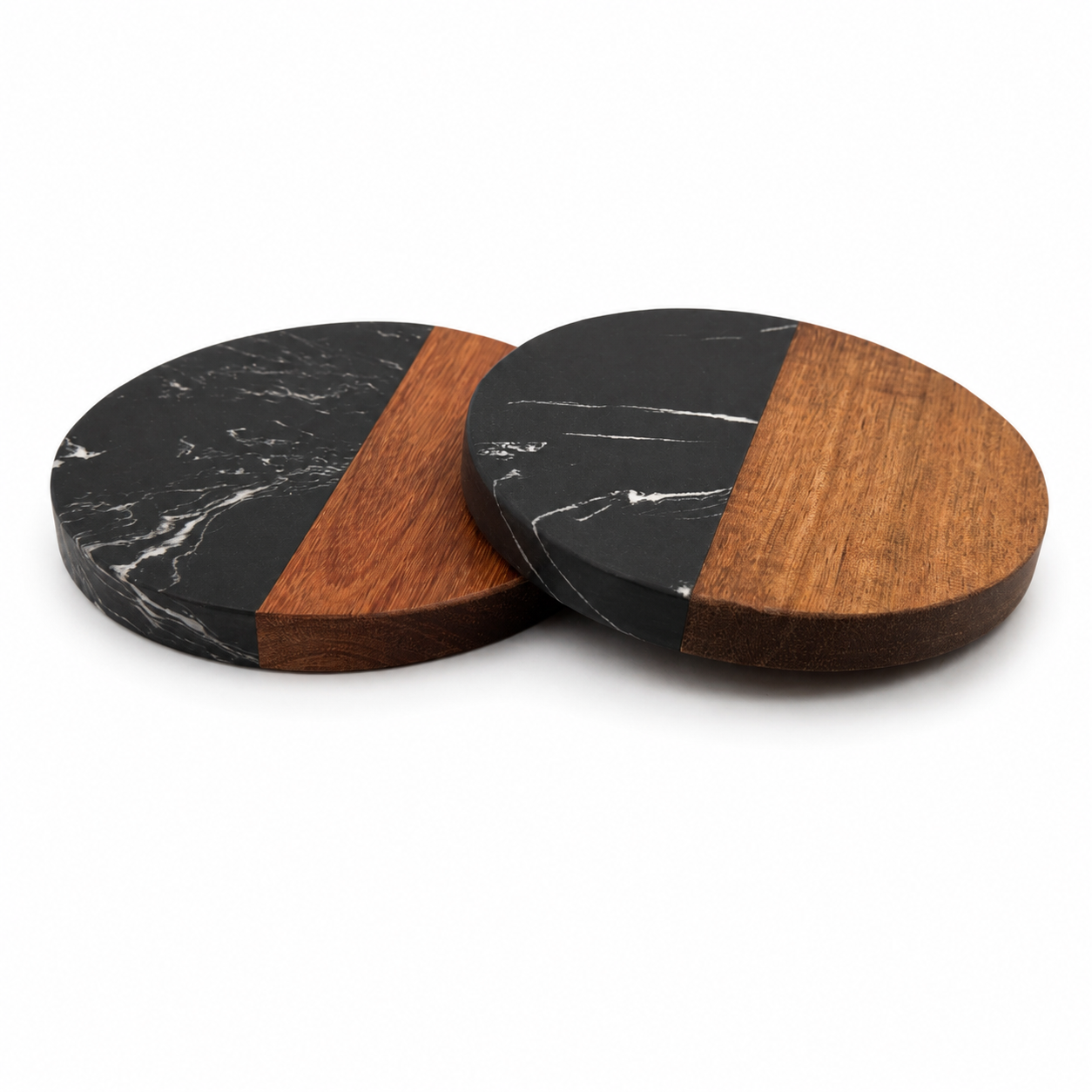 Round marble and acacia wood cocktail coaster set included in The Nightcap Celara Reserve Edition