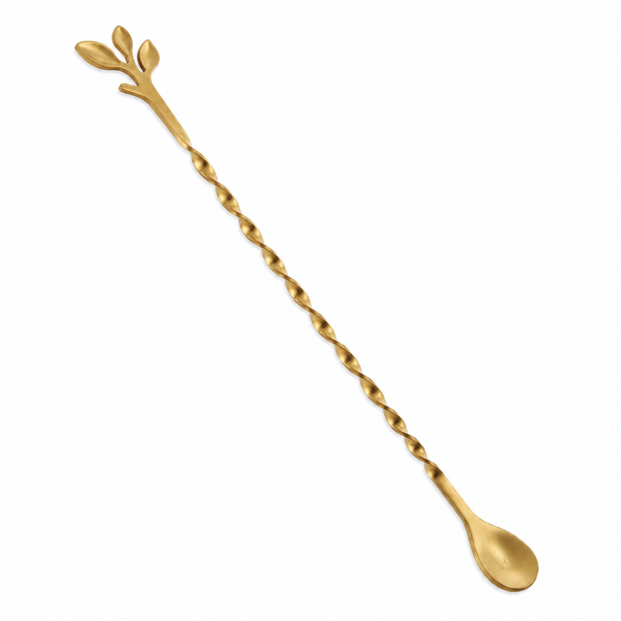 Gold 10-Inch Stainless Steel Cocktail Spoon with Leaf Handle