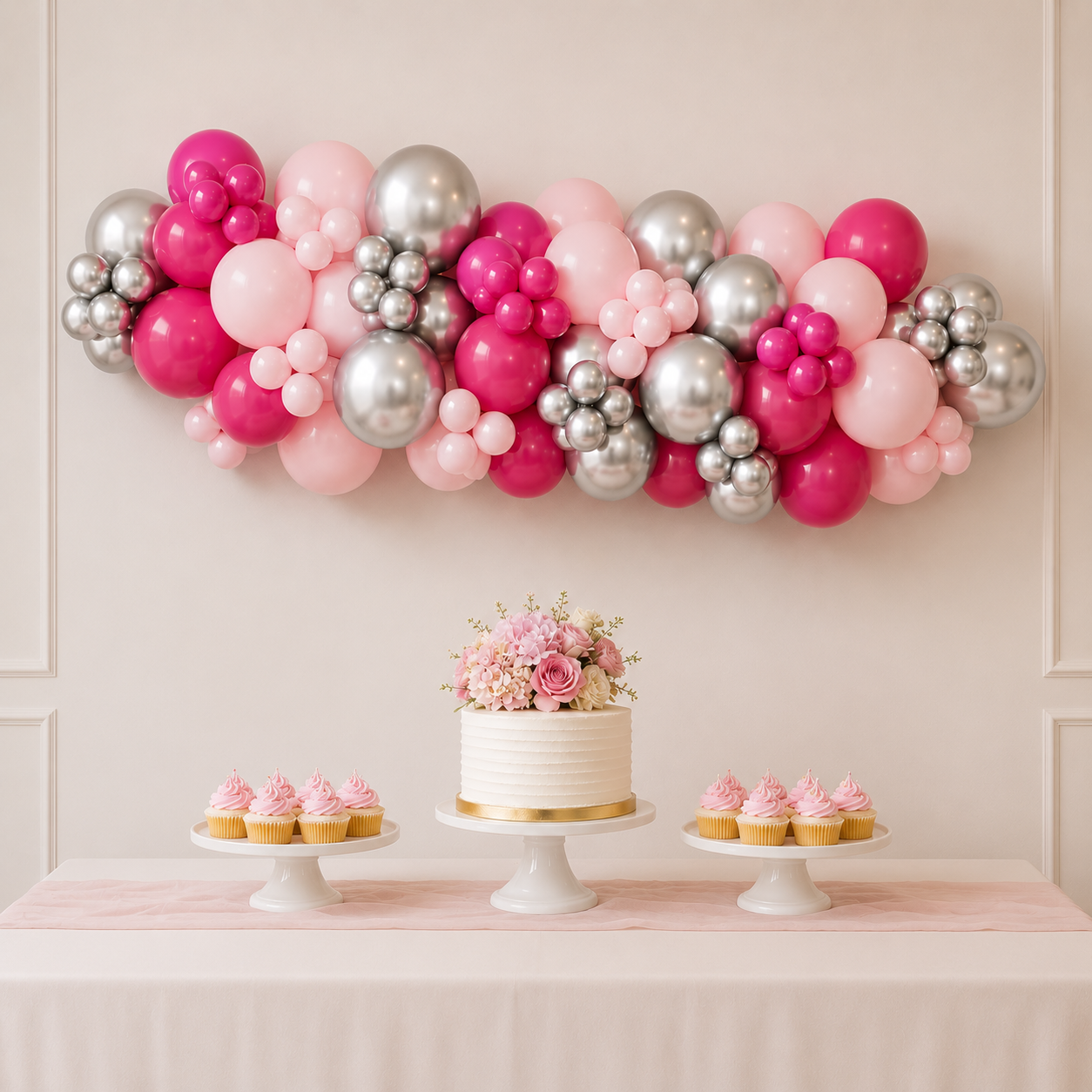 A birthday or celebration dessert table with a white frosted cake topped with pink and white flowers, surrounded by pink and white cupcakes with pink frosting. A backdrop of pink, silver, and white balloons arranged in clusters decorates the wall behind the table.