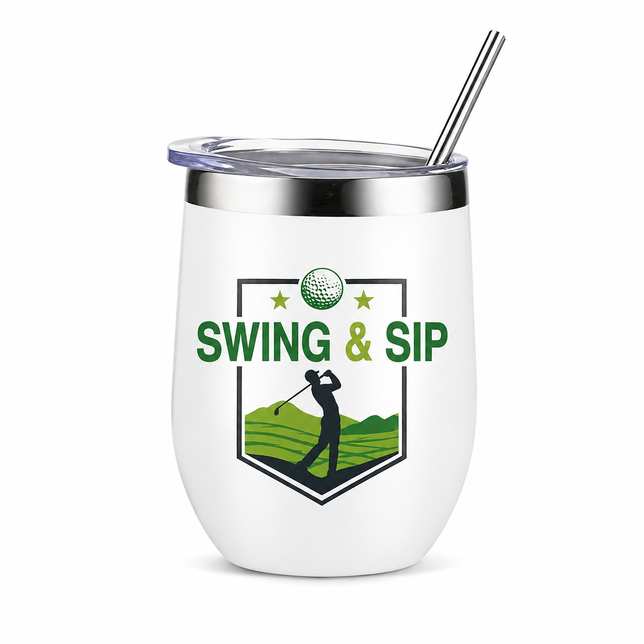 Swing & Sip golf-themed insulated tumbler from The Hole-in-One Celebration Bubble gift set, Celara Celebrations Houston TX