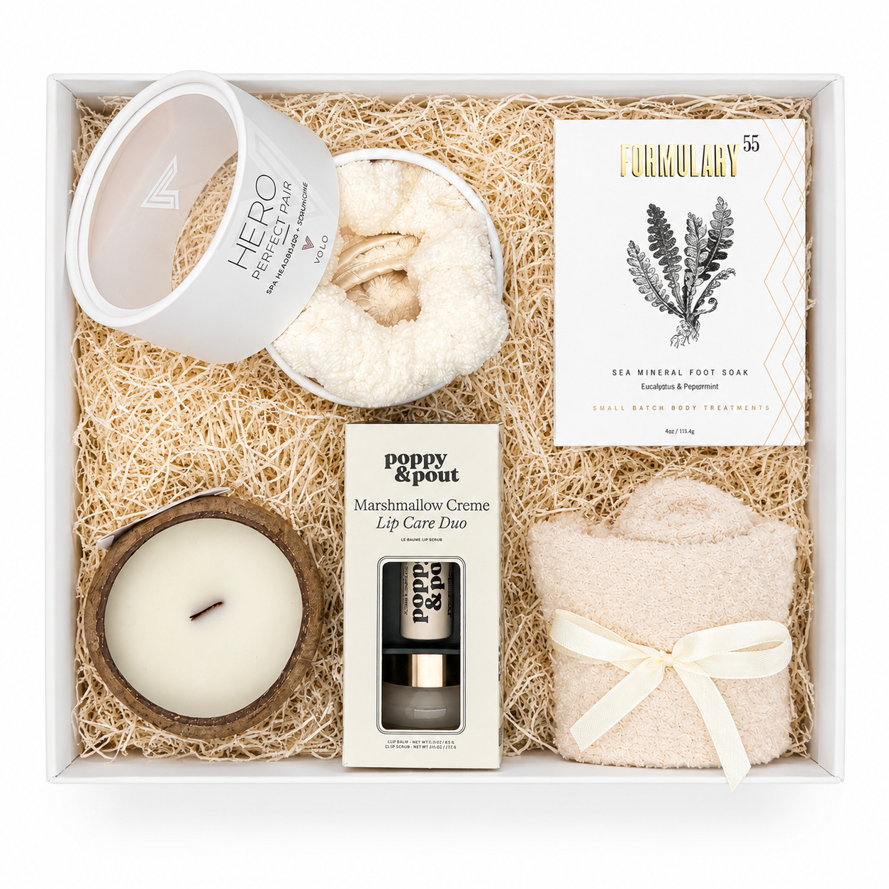 Luxury spa gift box with candle, bath products and Celara ribbon, Houston TX gift delivery