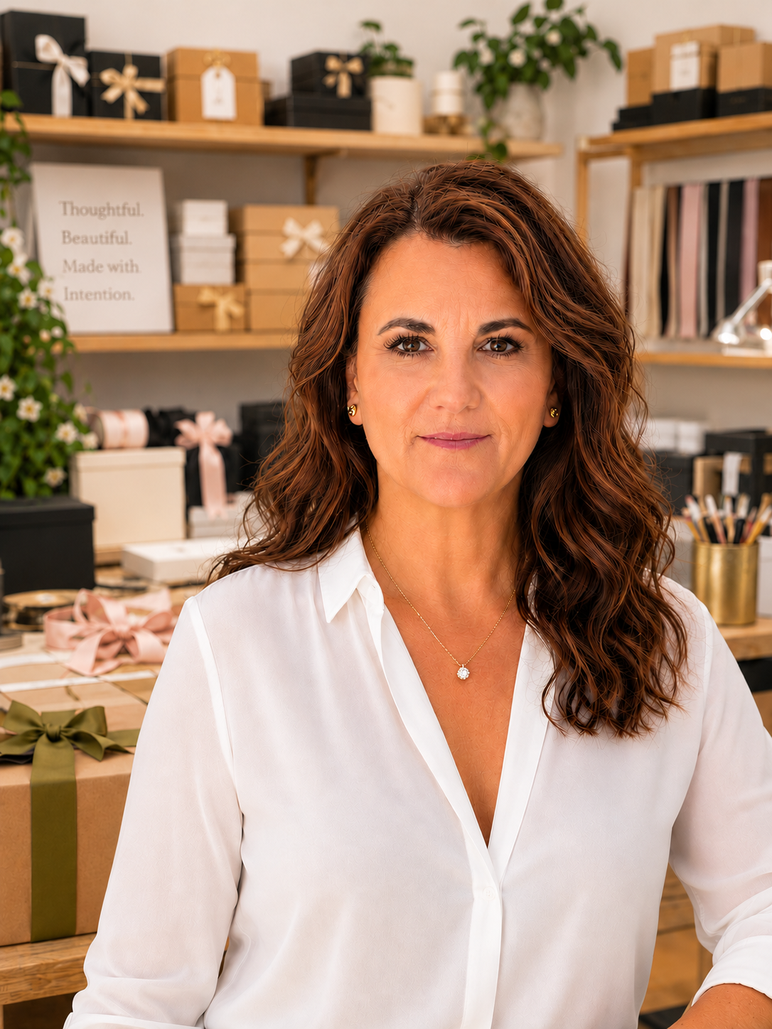 Cornelia, co-founder of Celara Celebrations, in front of curated gift box shelves