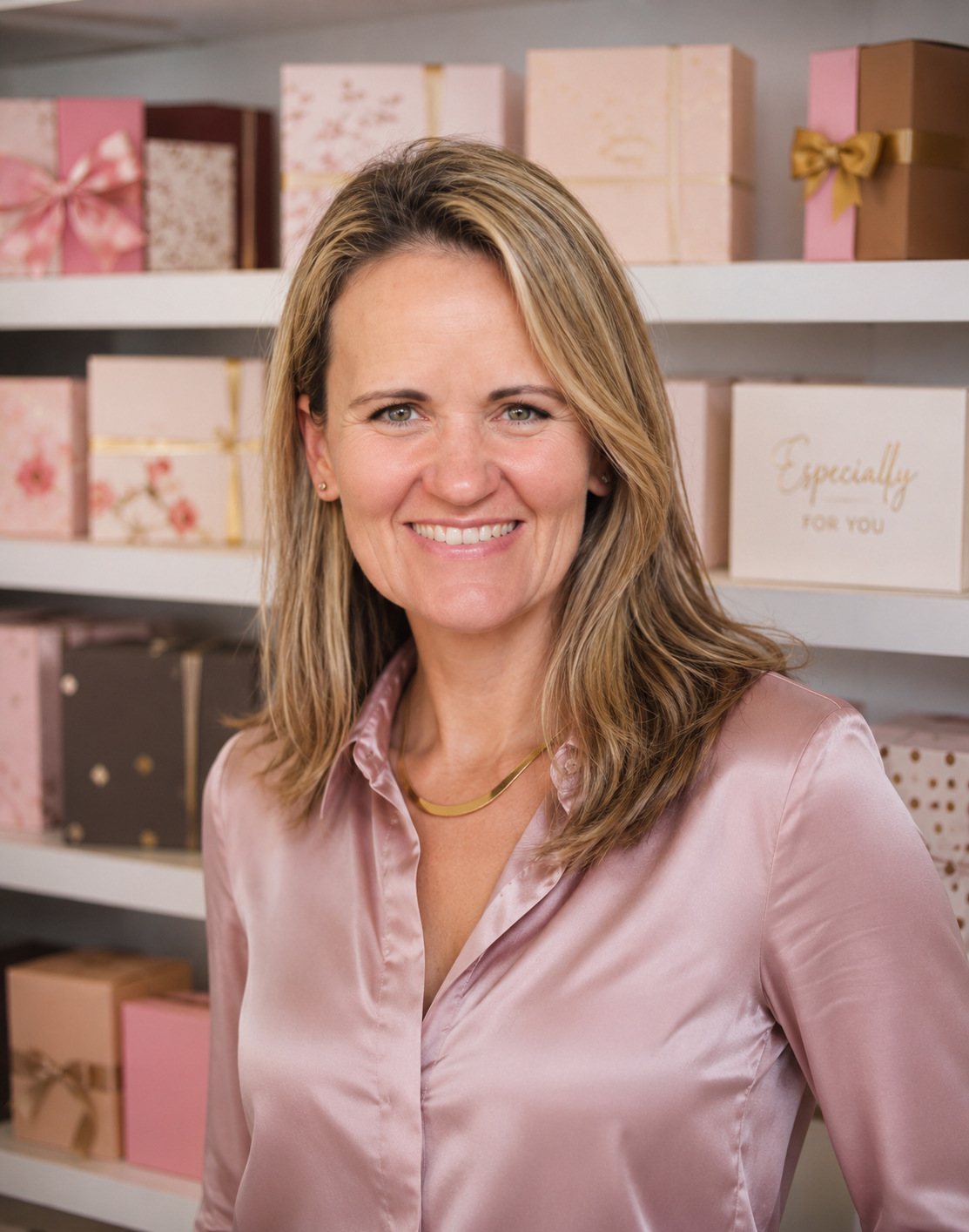 Founder of Celara Celebrations smiling in front of curated gift box display shelves