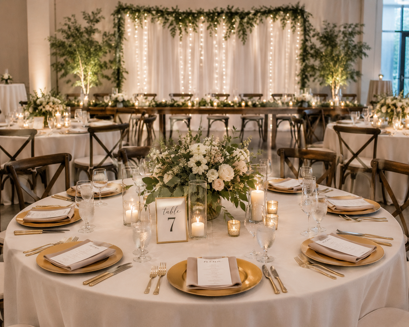 Table decor, event, gold, white, flowers,
