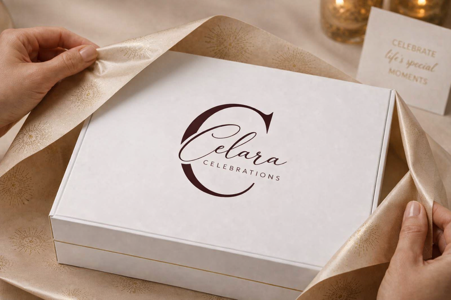 Hands opening a white Celara Celebrations luxury gift box in Houston, TX