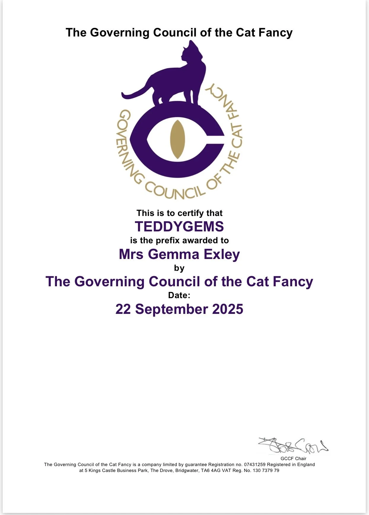 Governing Council of the Cat Fancy Prefix certificate awarded to Mrs. Gemma Exley on September 22, 2025, featuring a logo with a purple cat silhouette and an eye. The certificate includes official signatures and small print at the bottom.