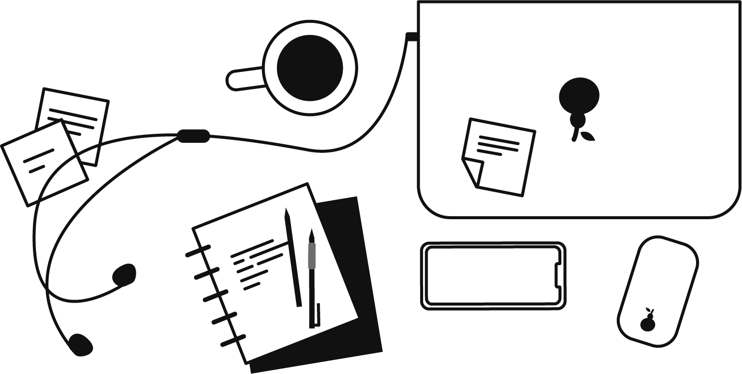 Outline of a workspace with a notebook, pen, cup of coffee, smartphone, mouse, papers, and an earbud.