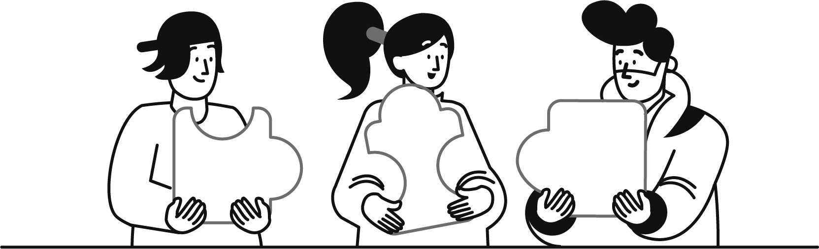 Three people discussing and working together, holding puzzle pieces that connect.